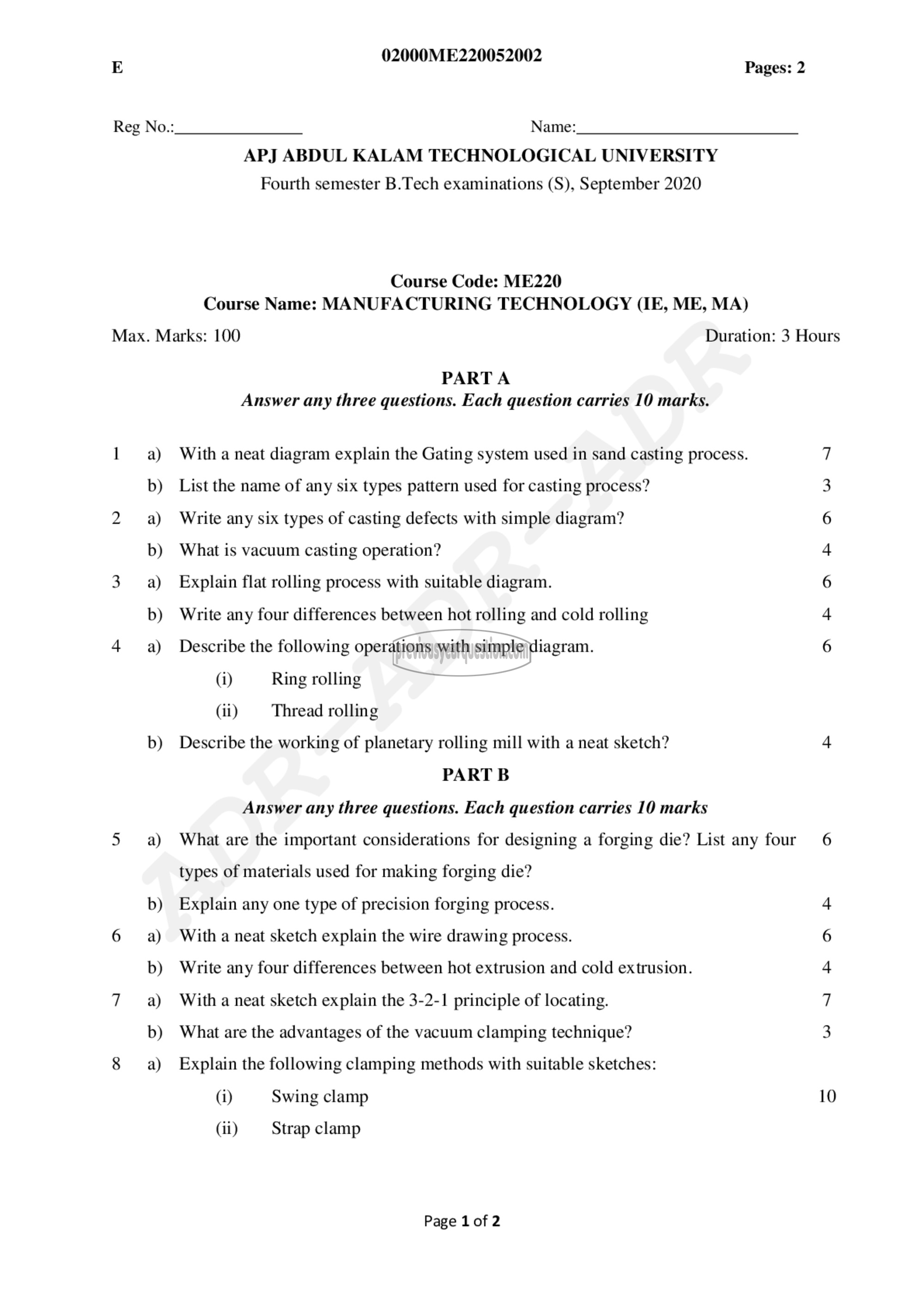 Question Paper - Manufacturing Technology-1