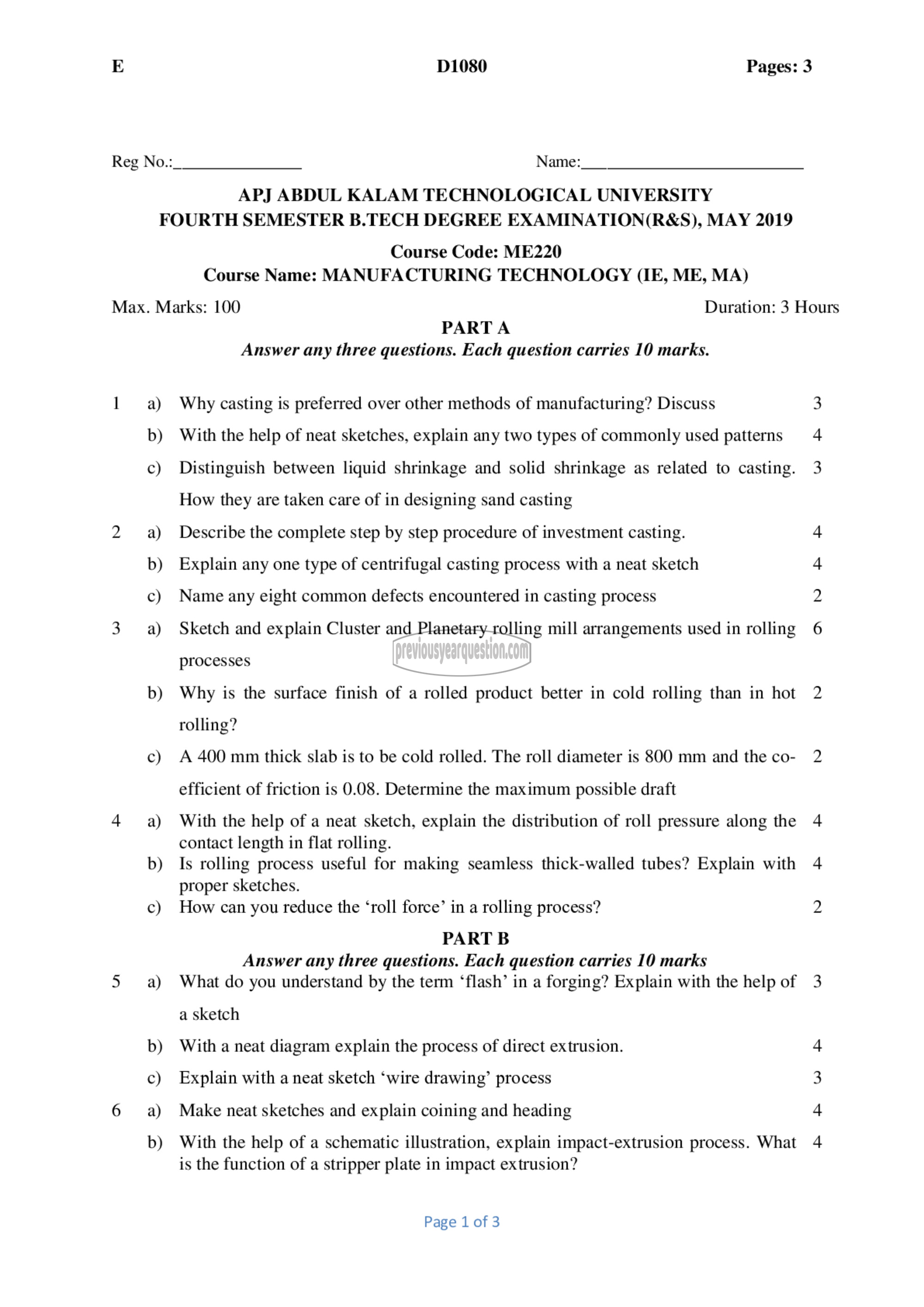 Question Paper - Manufacturing Technology-1