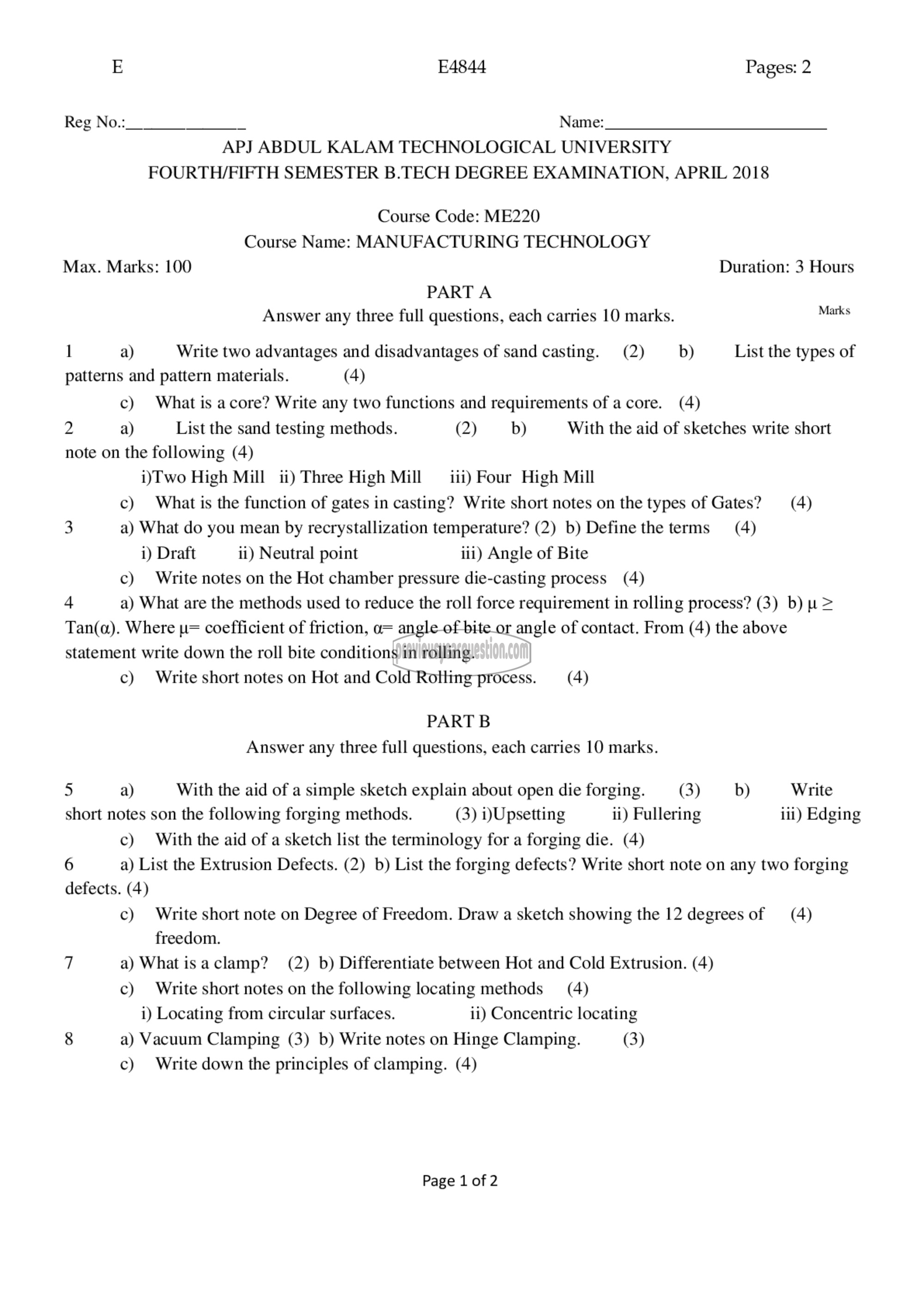 Question Paper - Manufacturing Technology-1