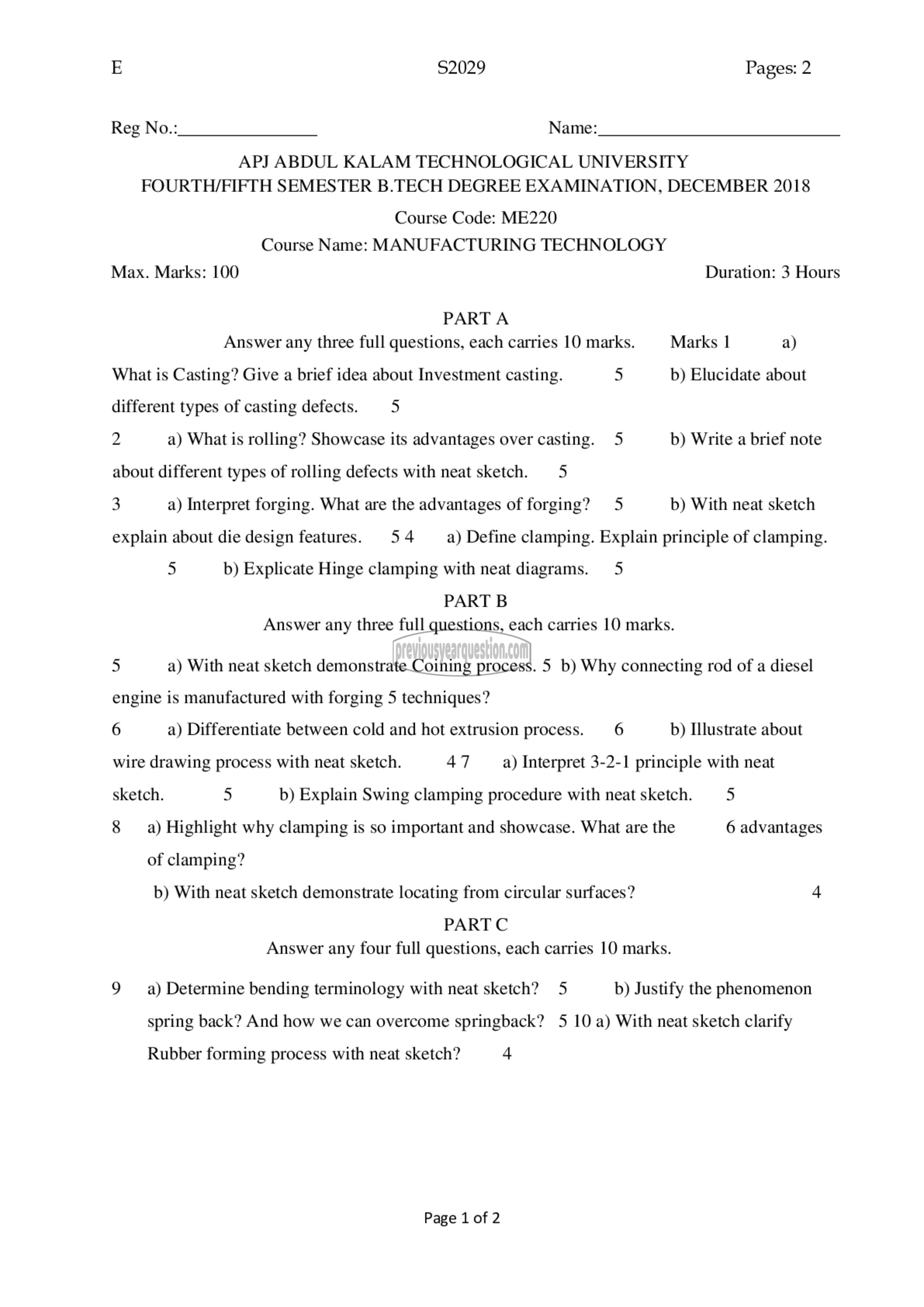 Question Paper - Manufacturing Technology-1