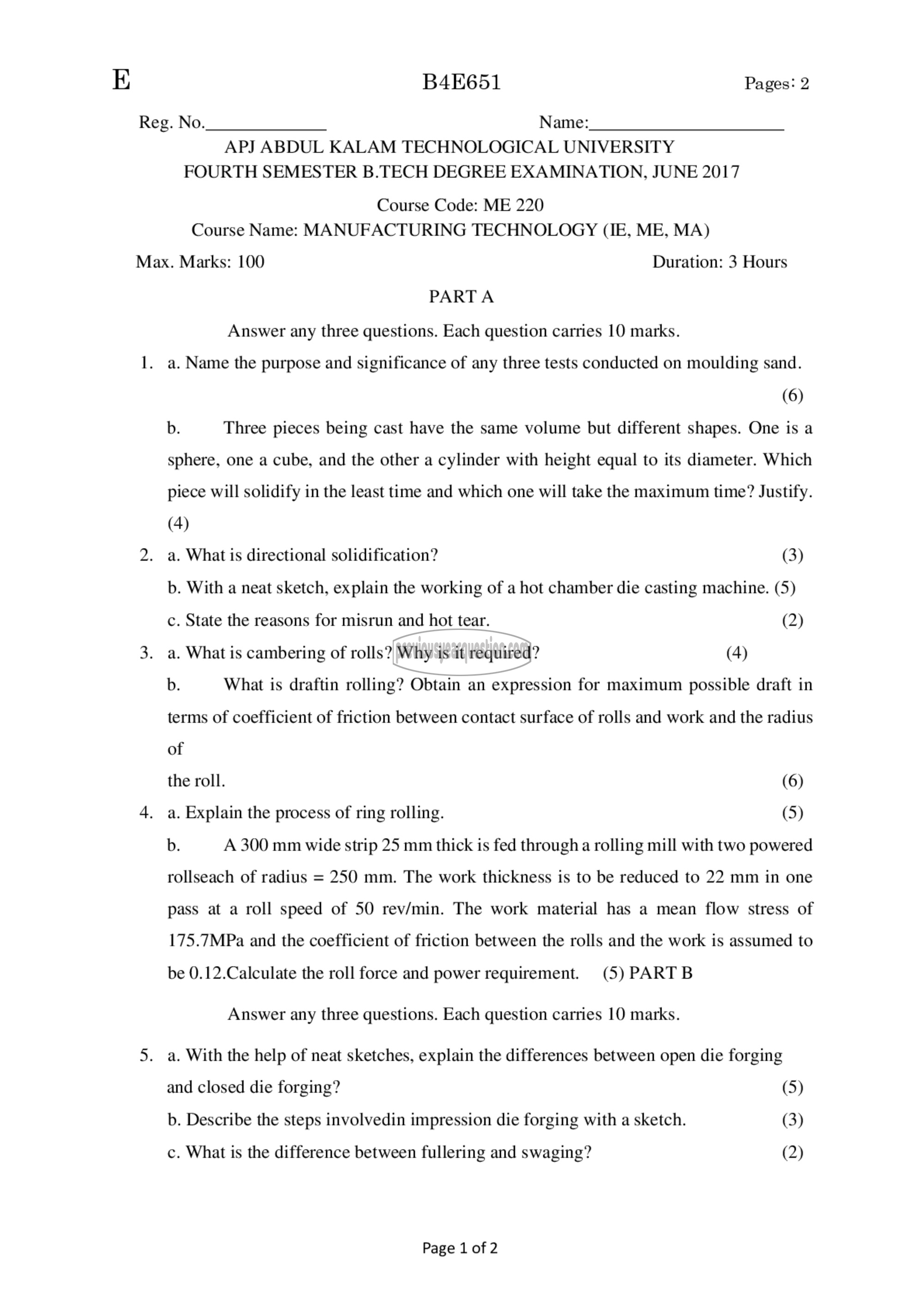 Question Paper - Manufacturing Technology-1