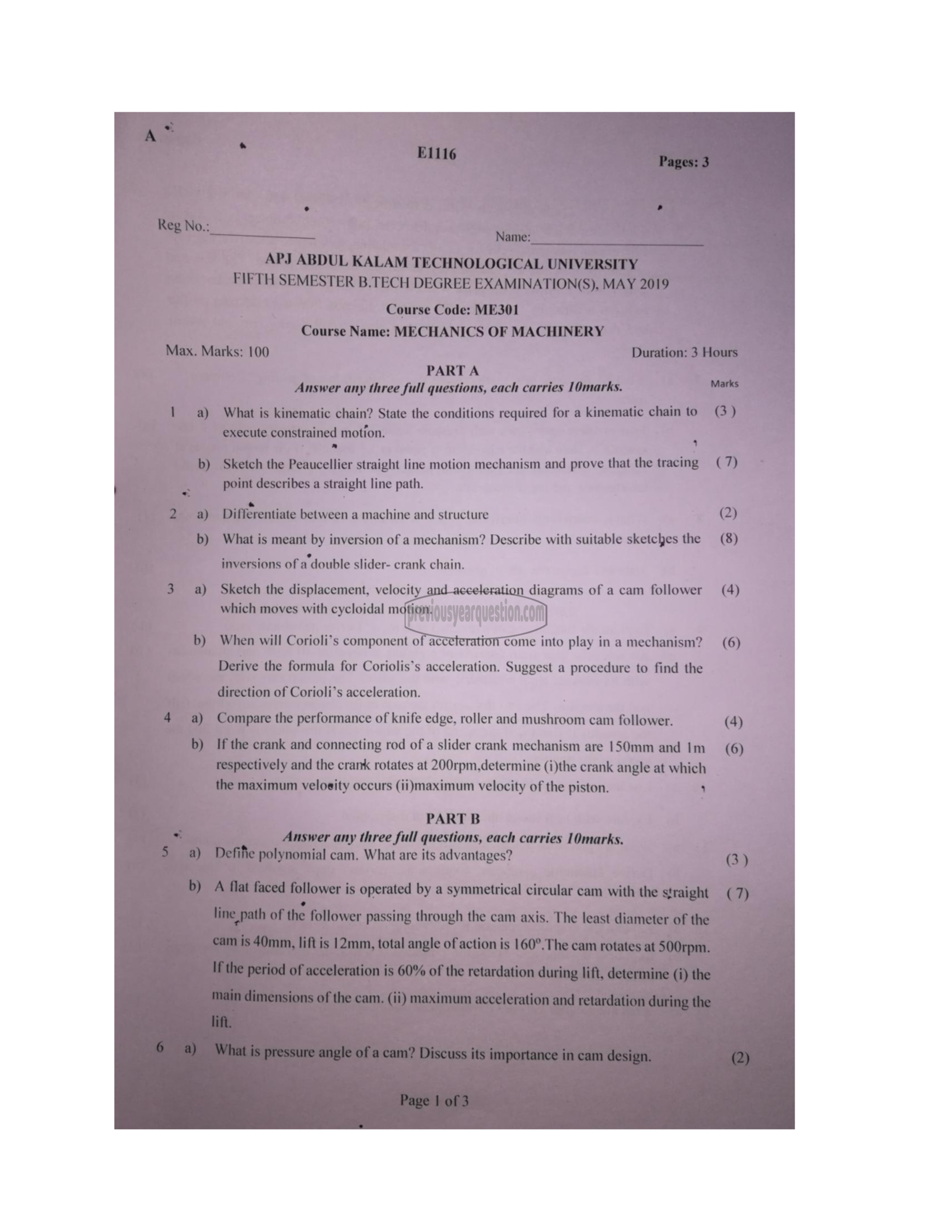 Question Paper - Mechanics of Machinery-1