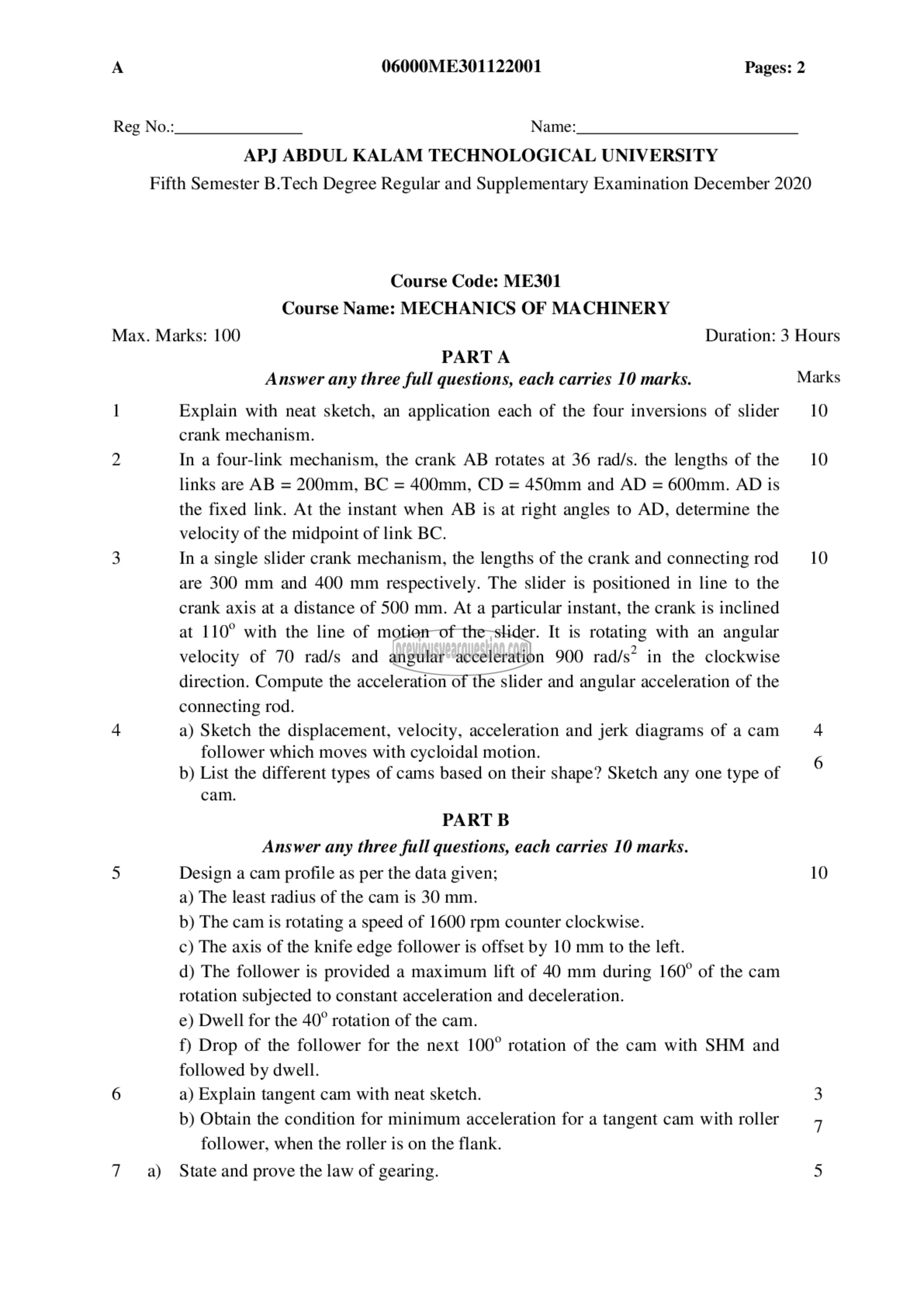 Question Paper - Mechanics of Machinery-1