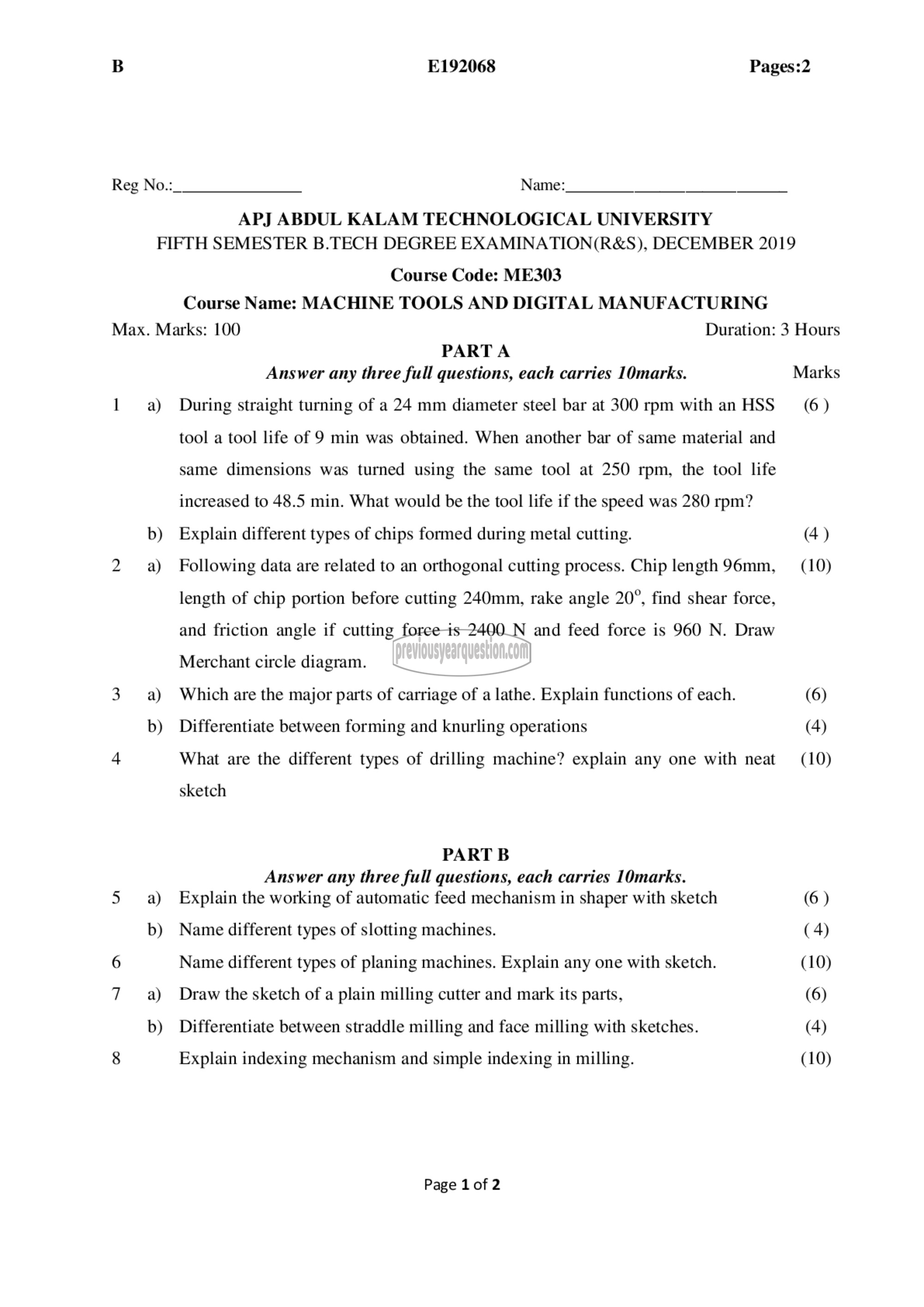 Question Paper - Machine Tools and Digital Manufacturing-1