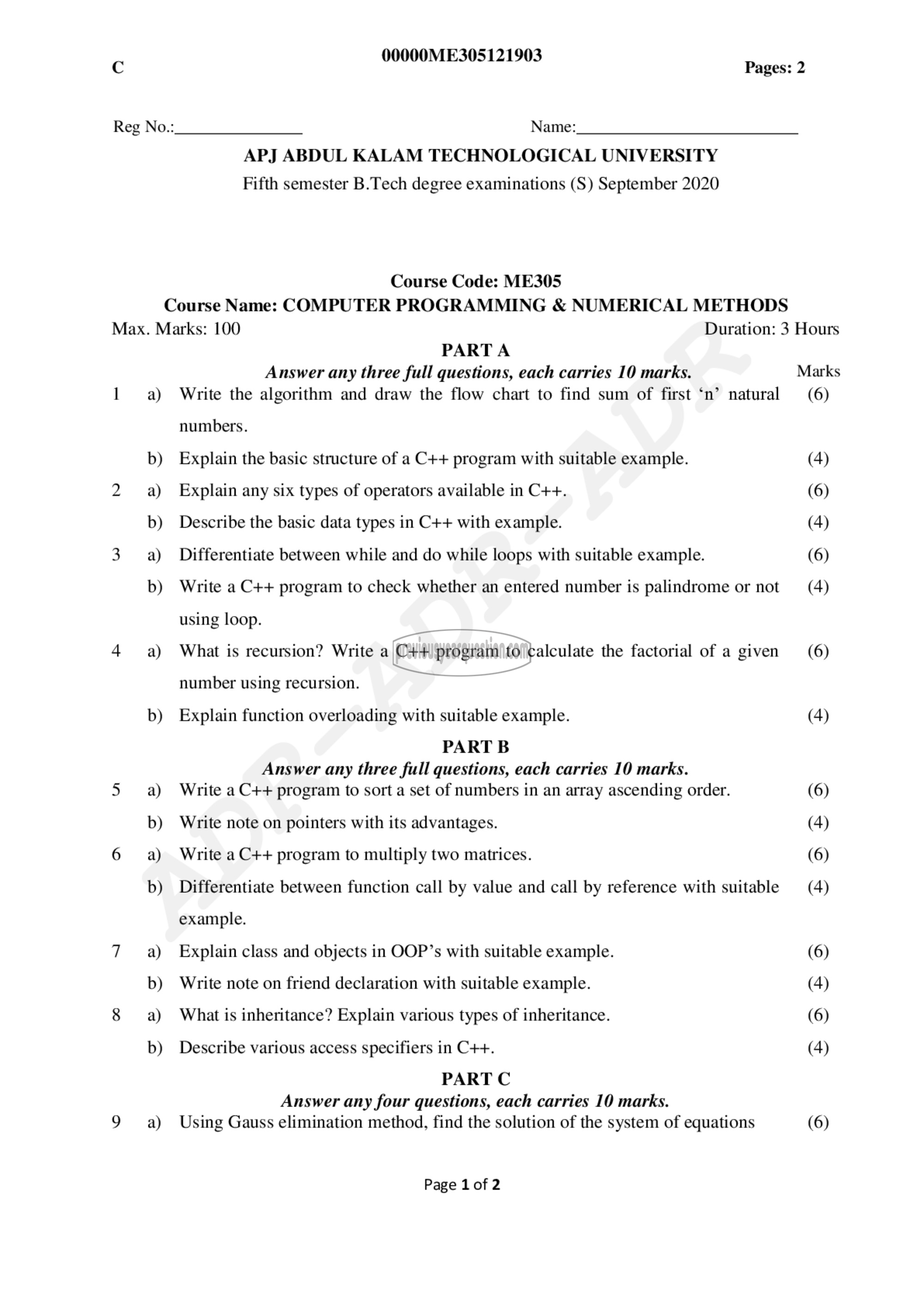 Question Paper - Computer Programming & Numerical Methods-1