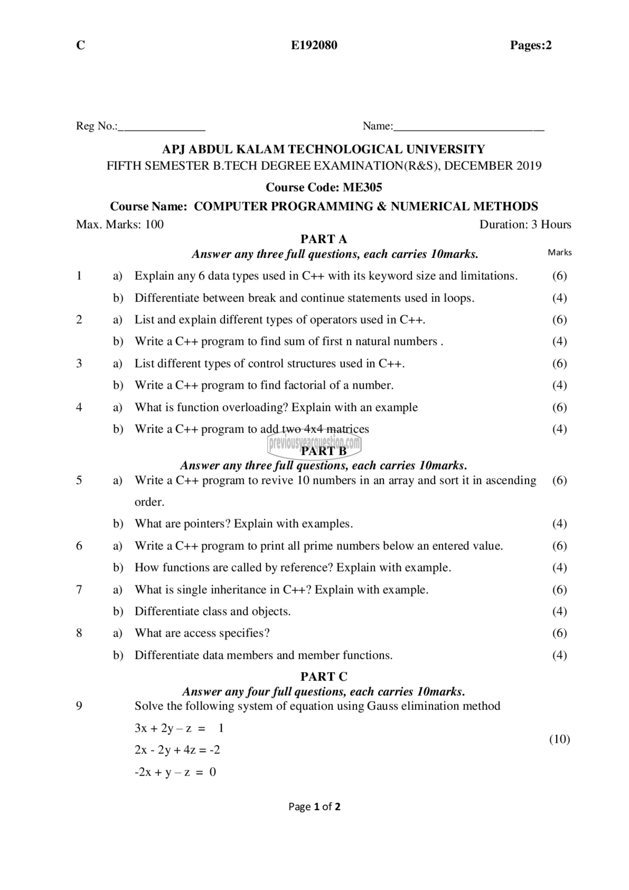 Question Paper - Computer Programming & Numerical Methods-1