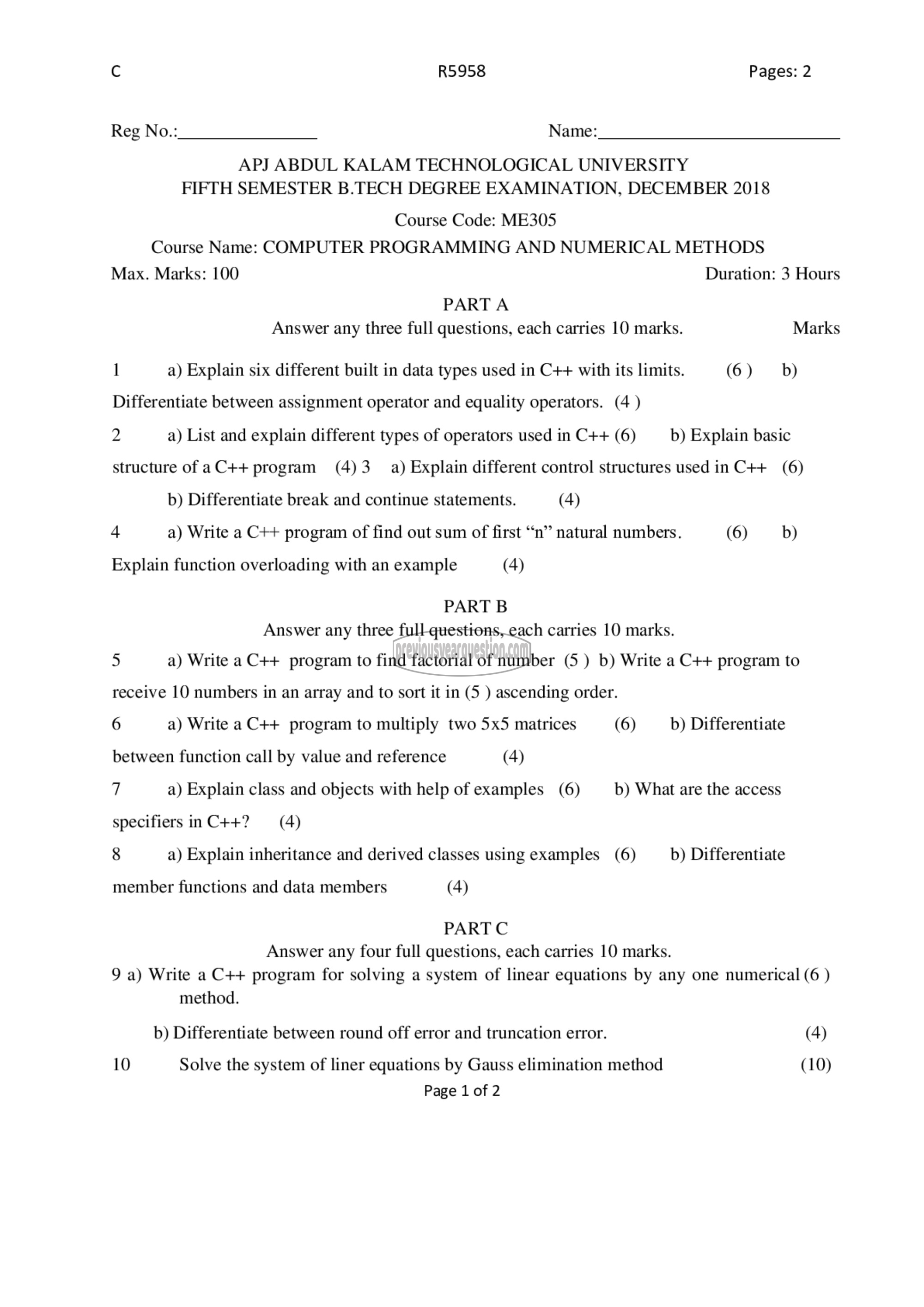 Question Paper - Computer Programming & Numerical Methods-1