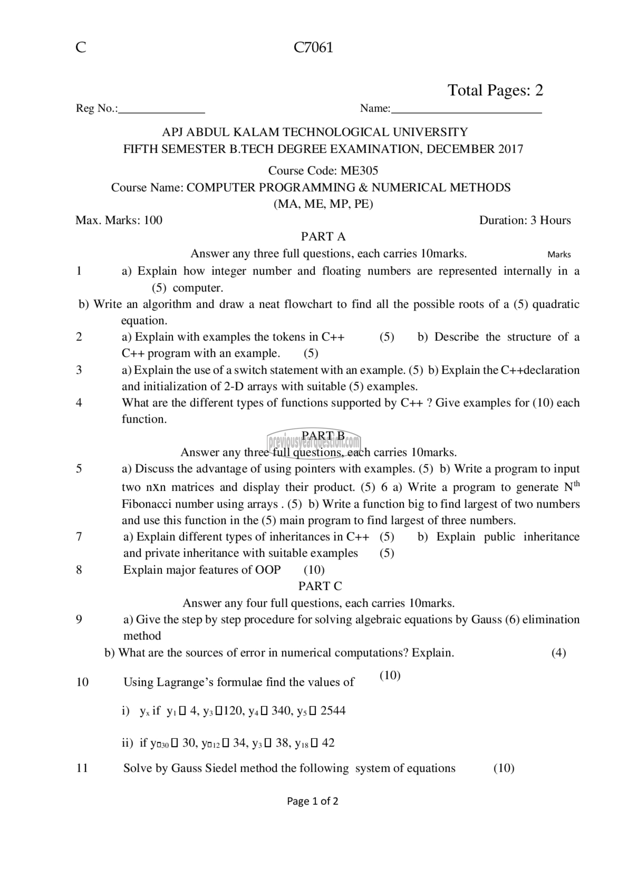 Question Paper - Computer Programming & Numerical Methods-1