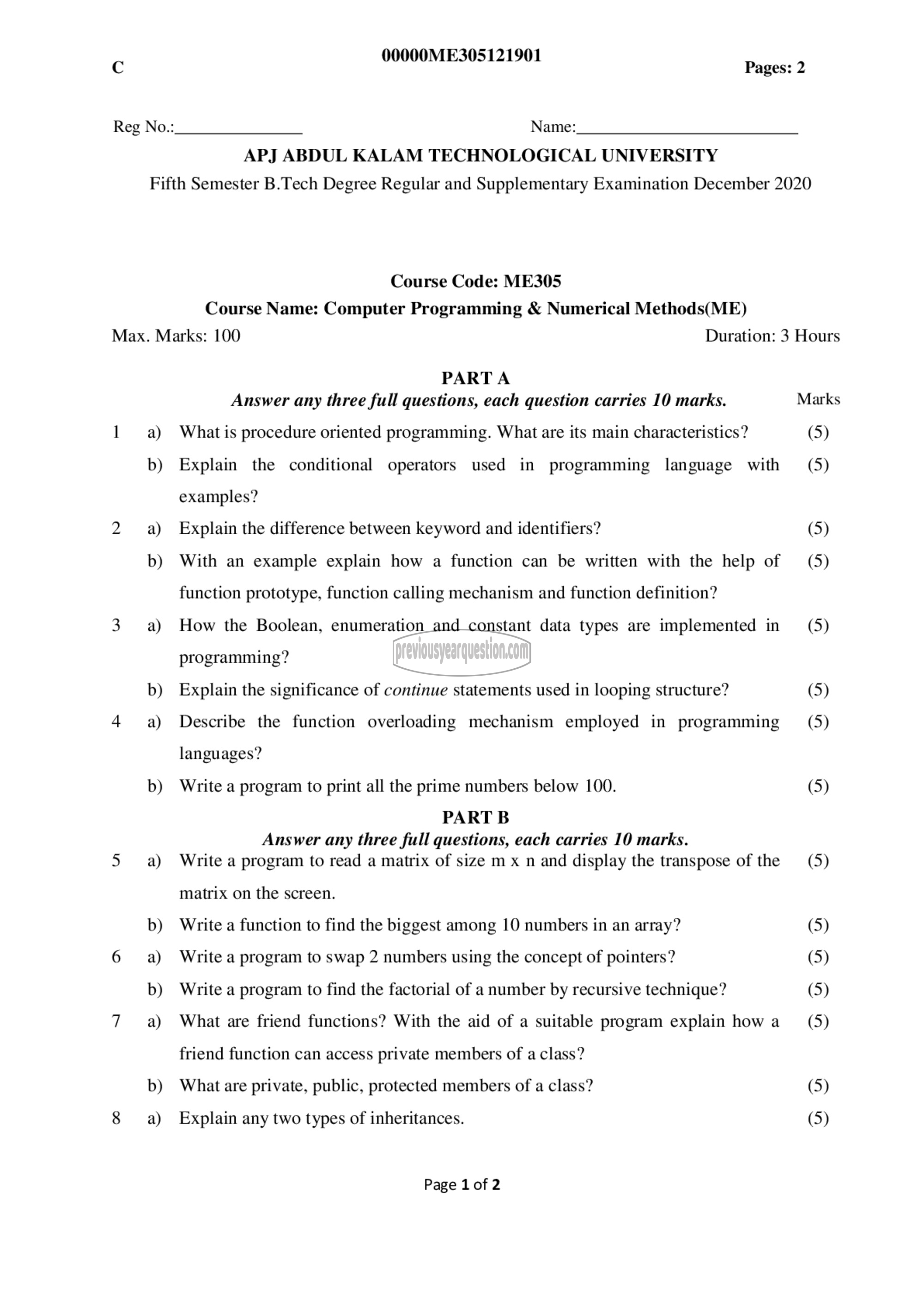 Question Paper - Computer Programming & Numerical Methods-1