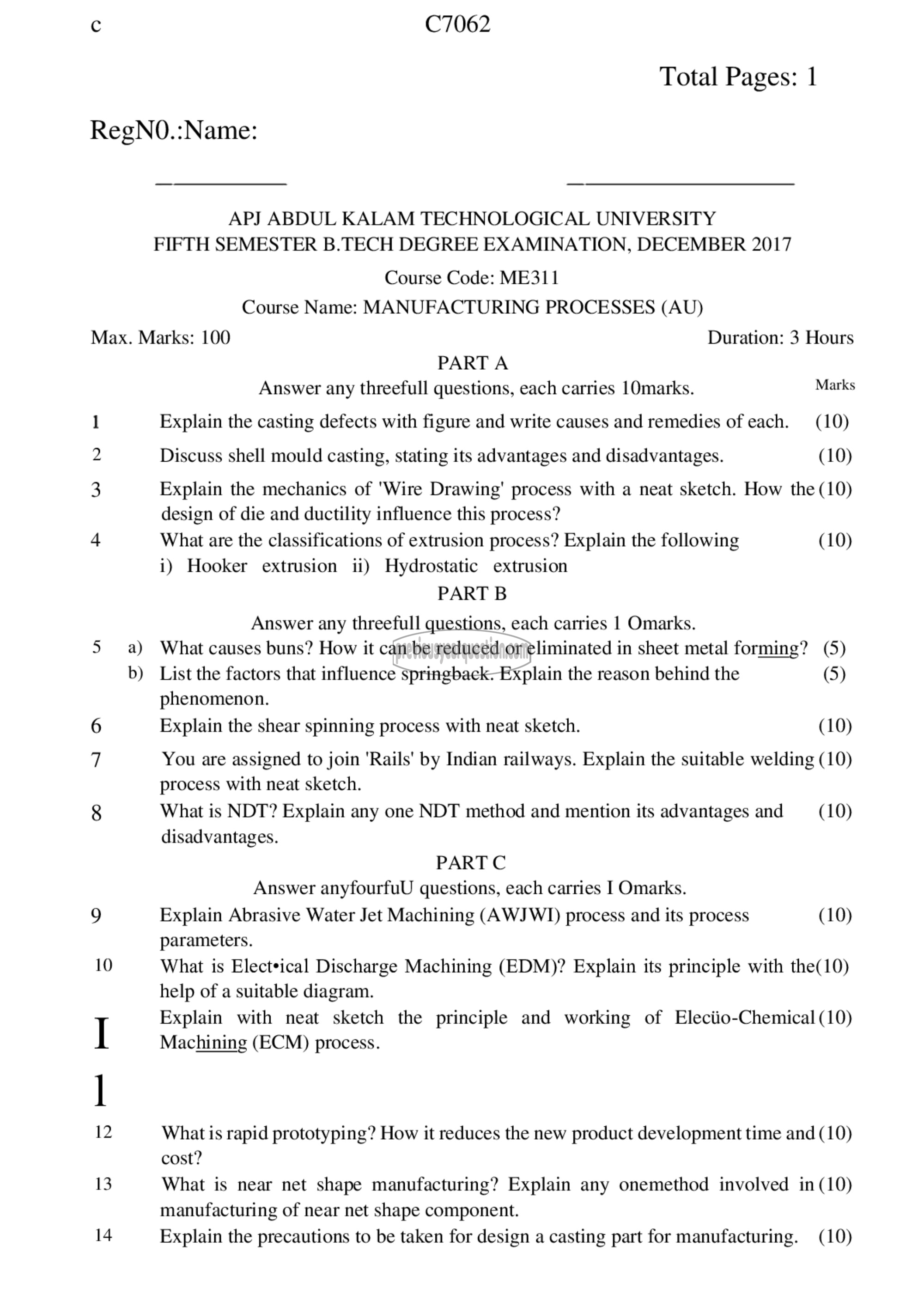 Question Paper - Manufacturing Processes-1