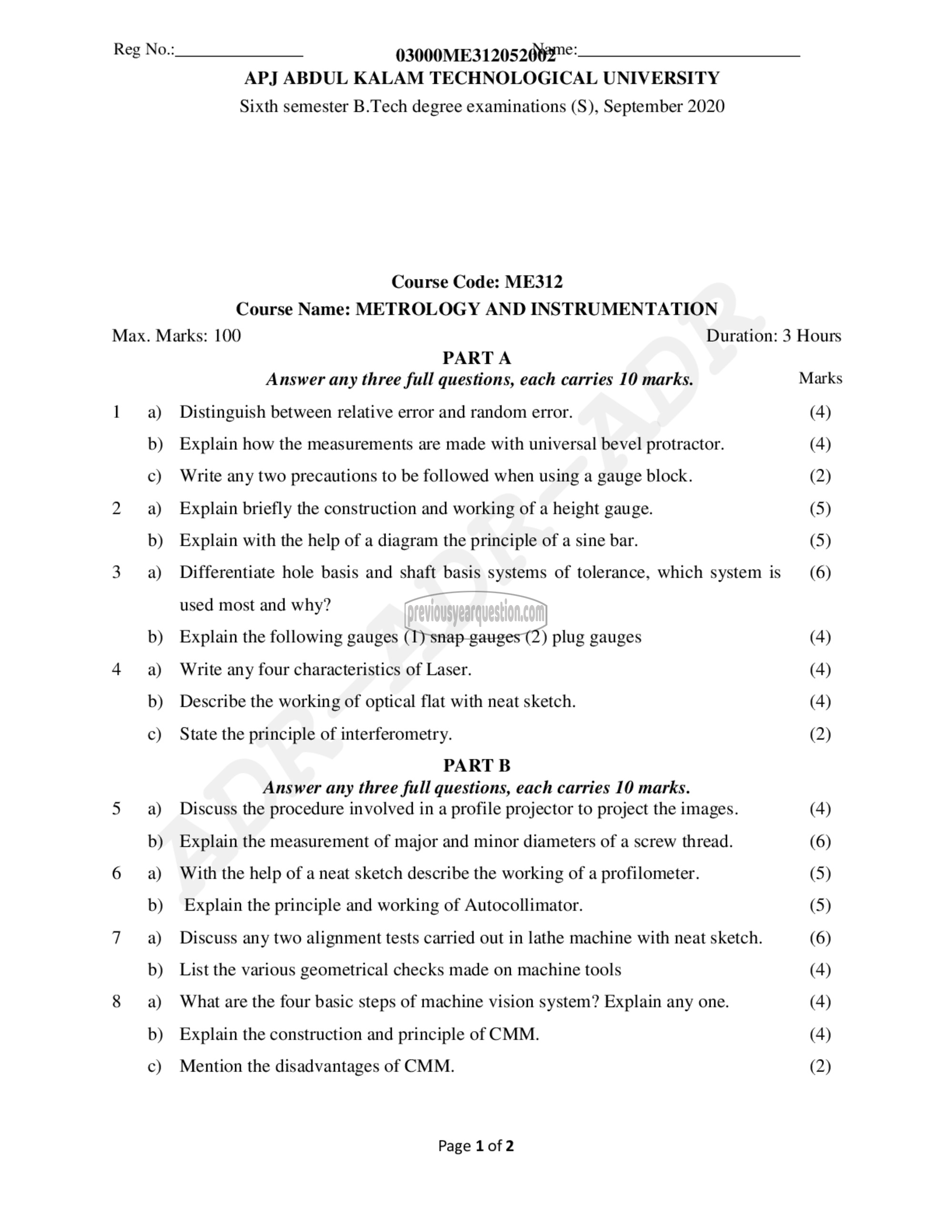 Question Paper - Metrology and Instrumentation-1