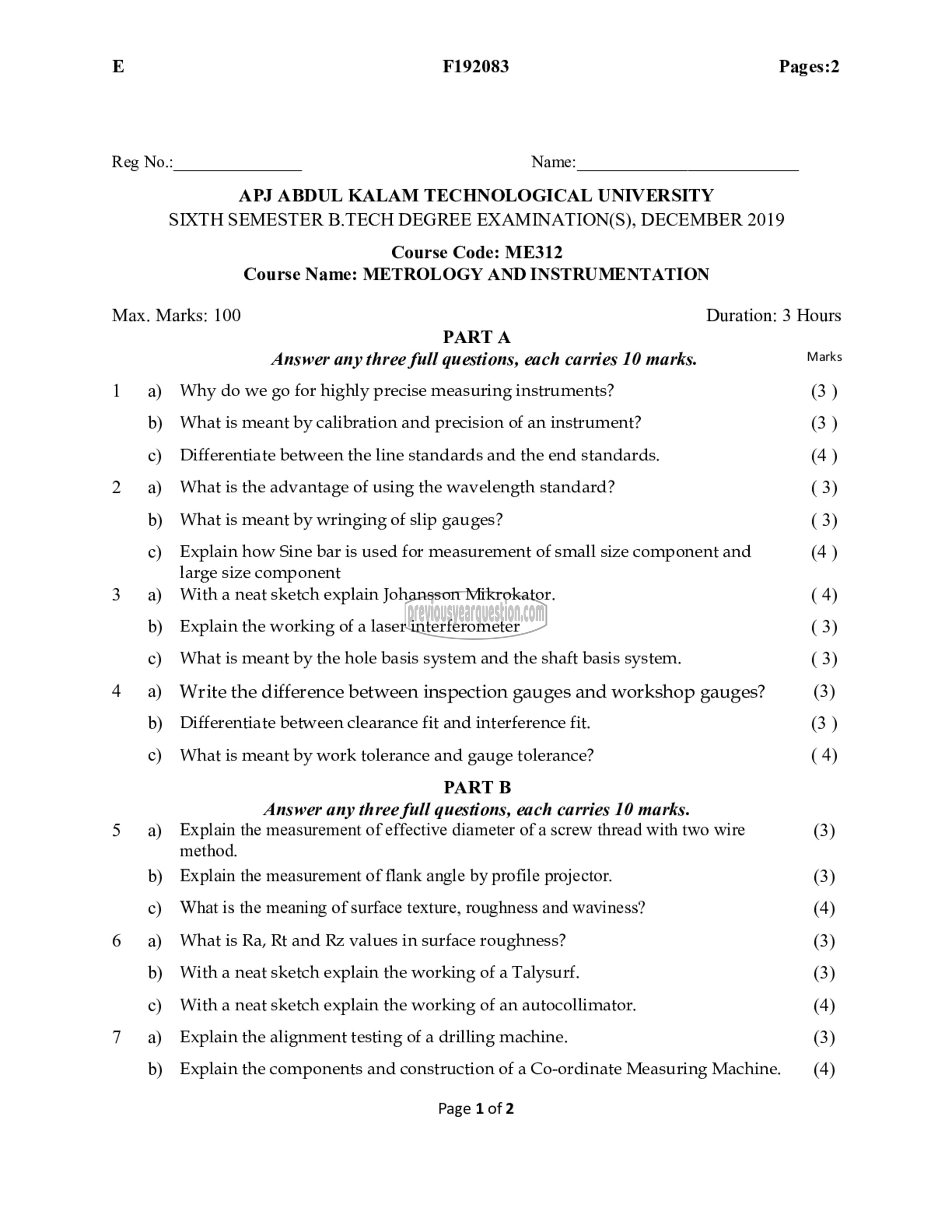 Question Paper - Metrology and Instrumentation-1