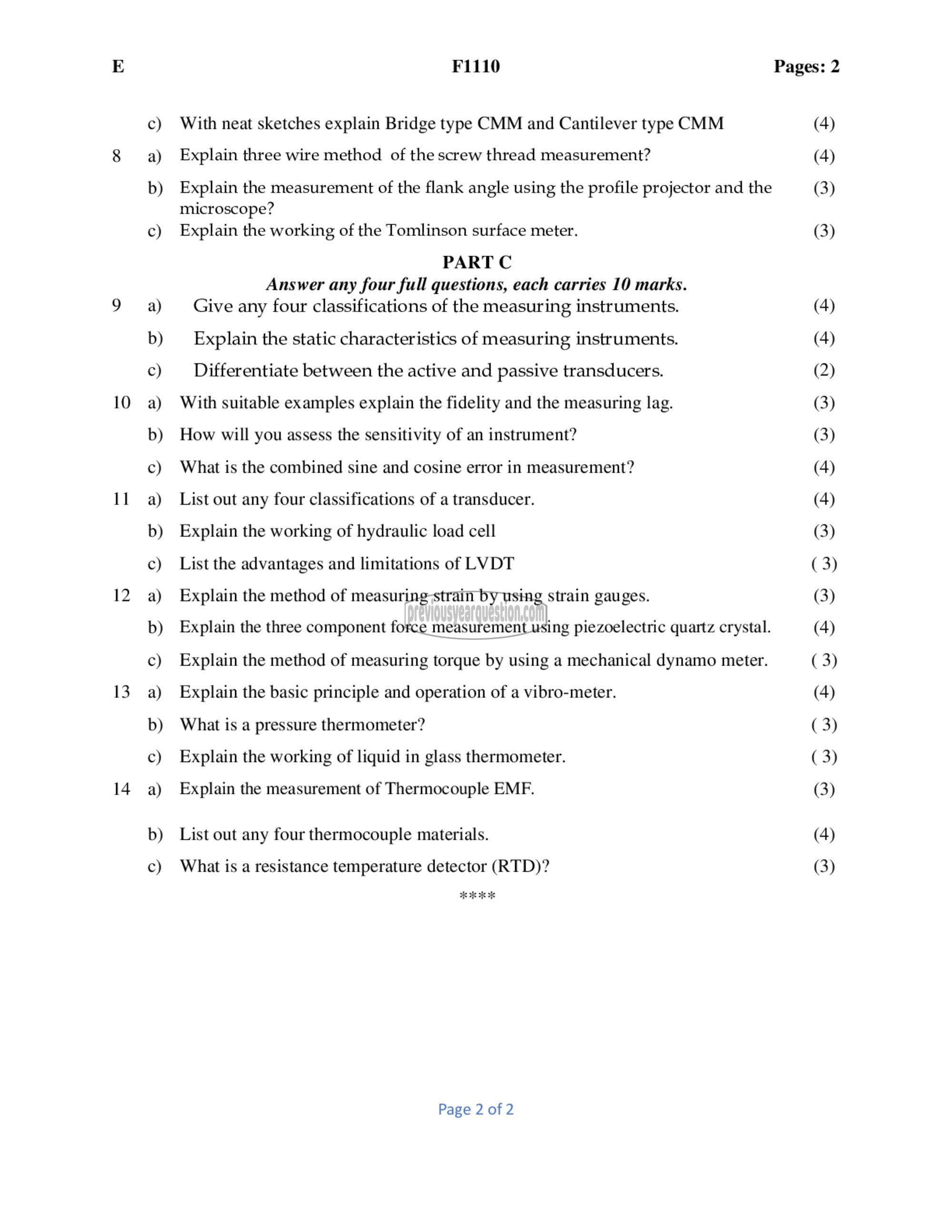 Question Paper - Metrology and Instrumentation-2