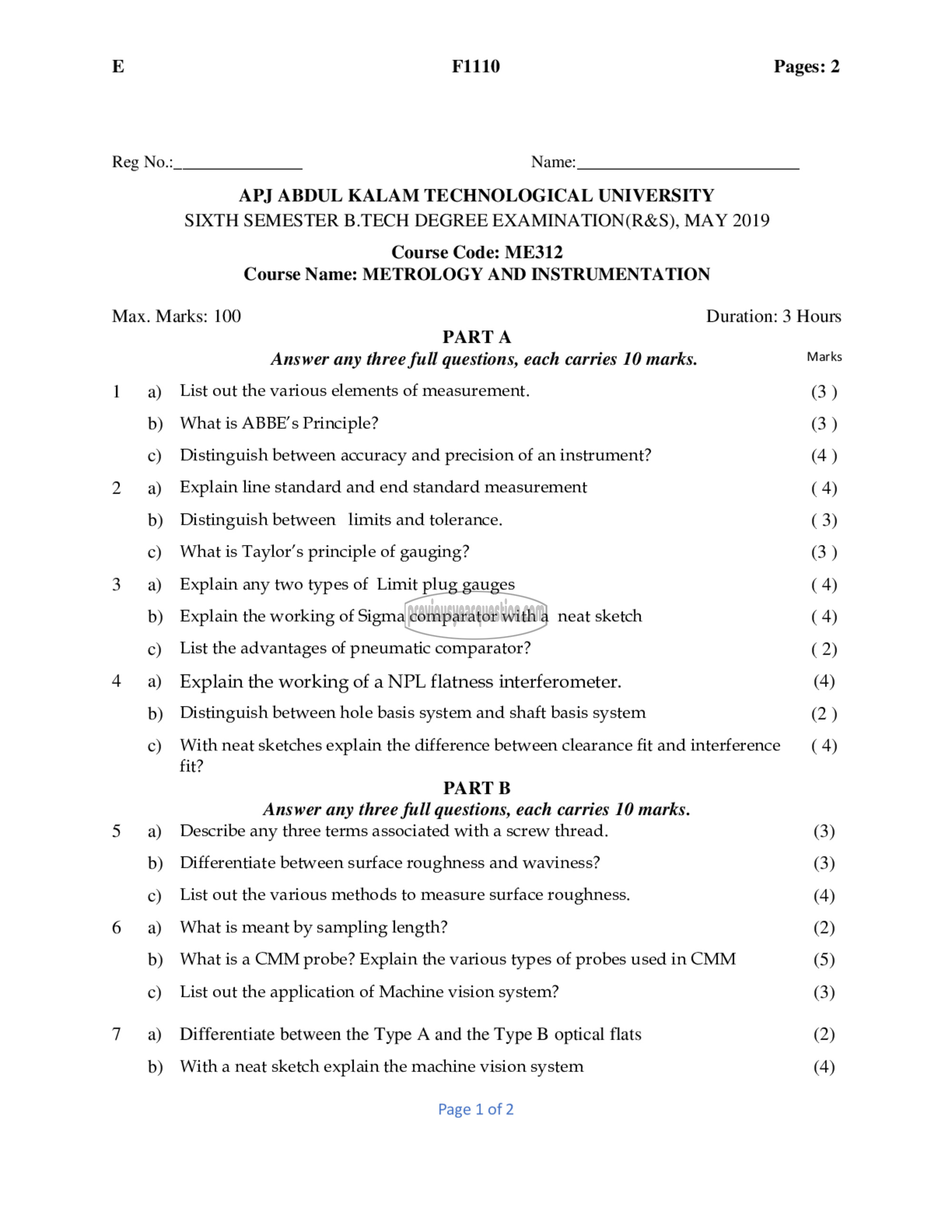 Question Paper - Metrology and Instrumentation-1