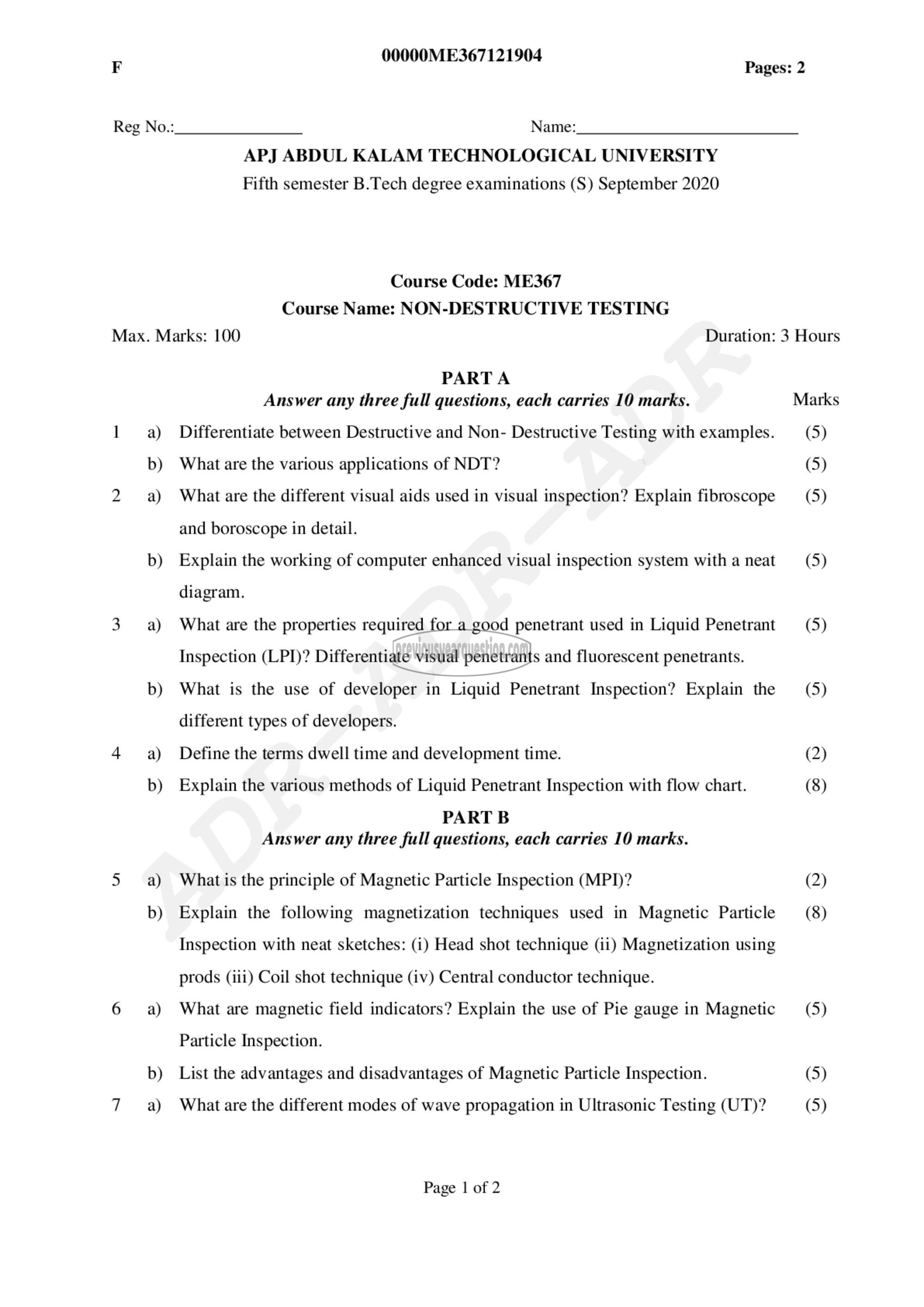 Question Paper - Non-Destructive Testing-1