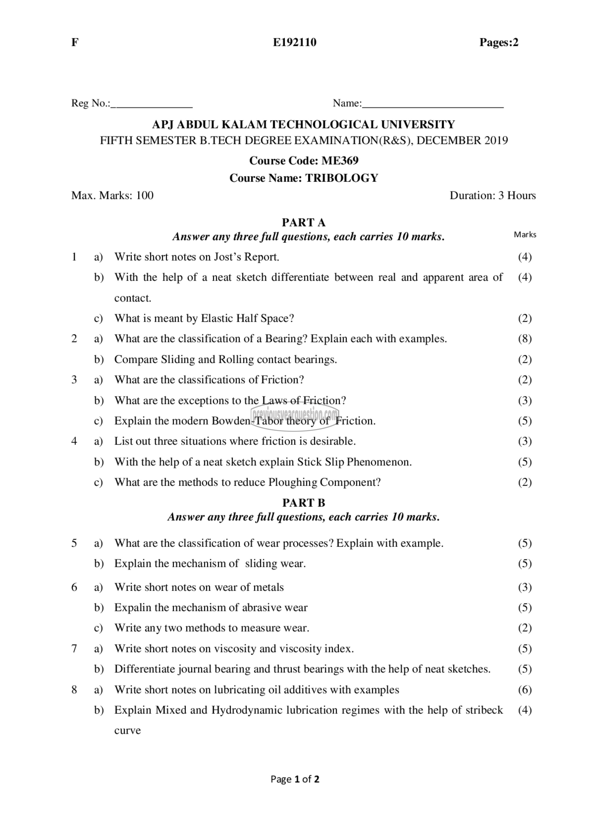 Question Paper - Tribology-1