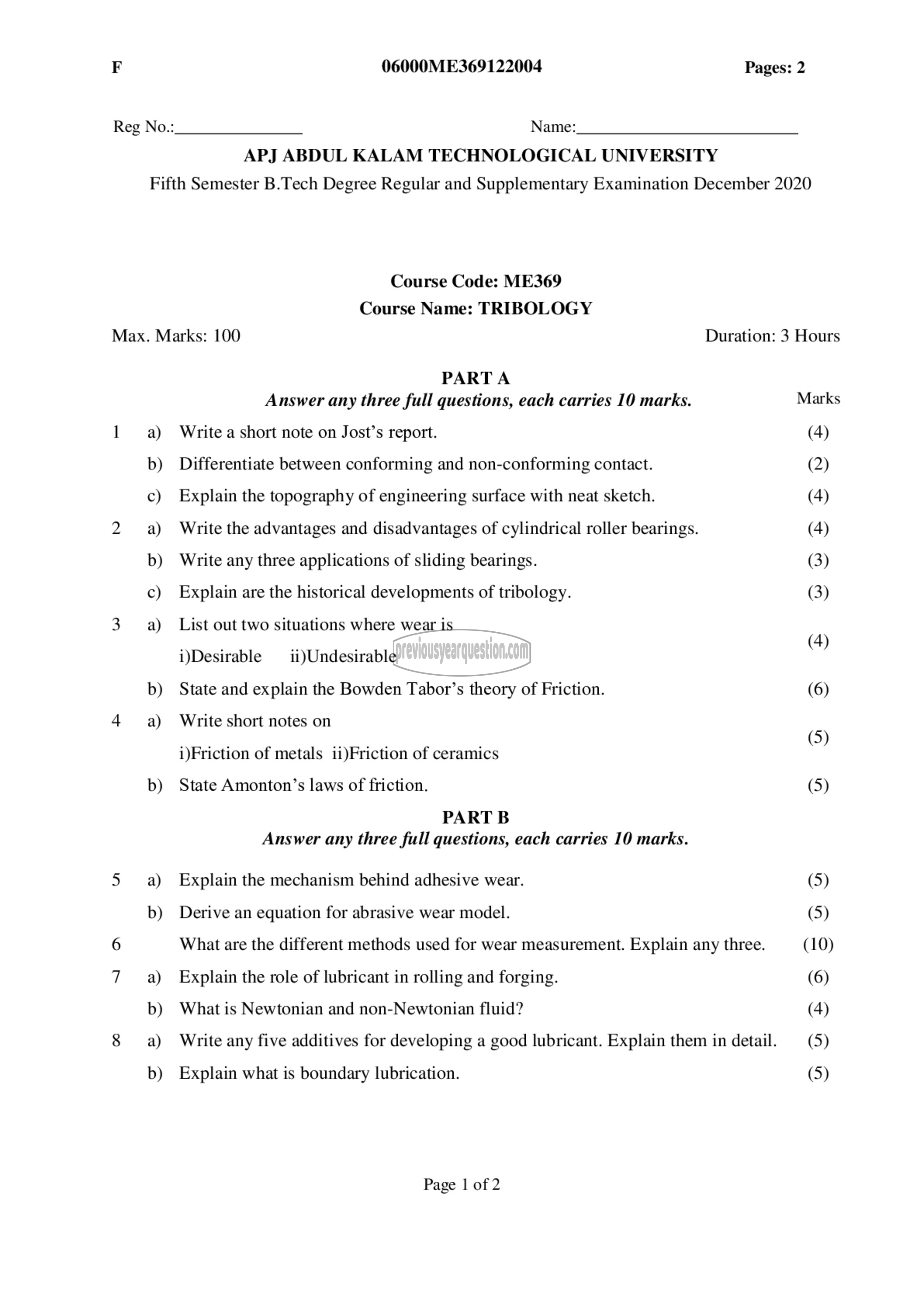 Question Paper - Tribology-1