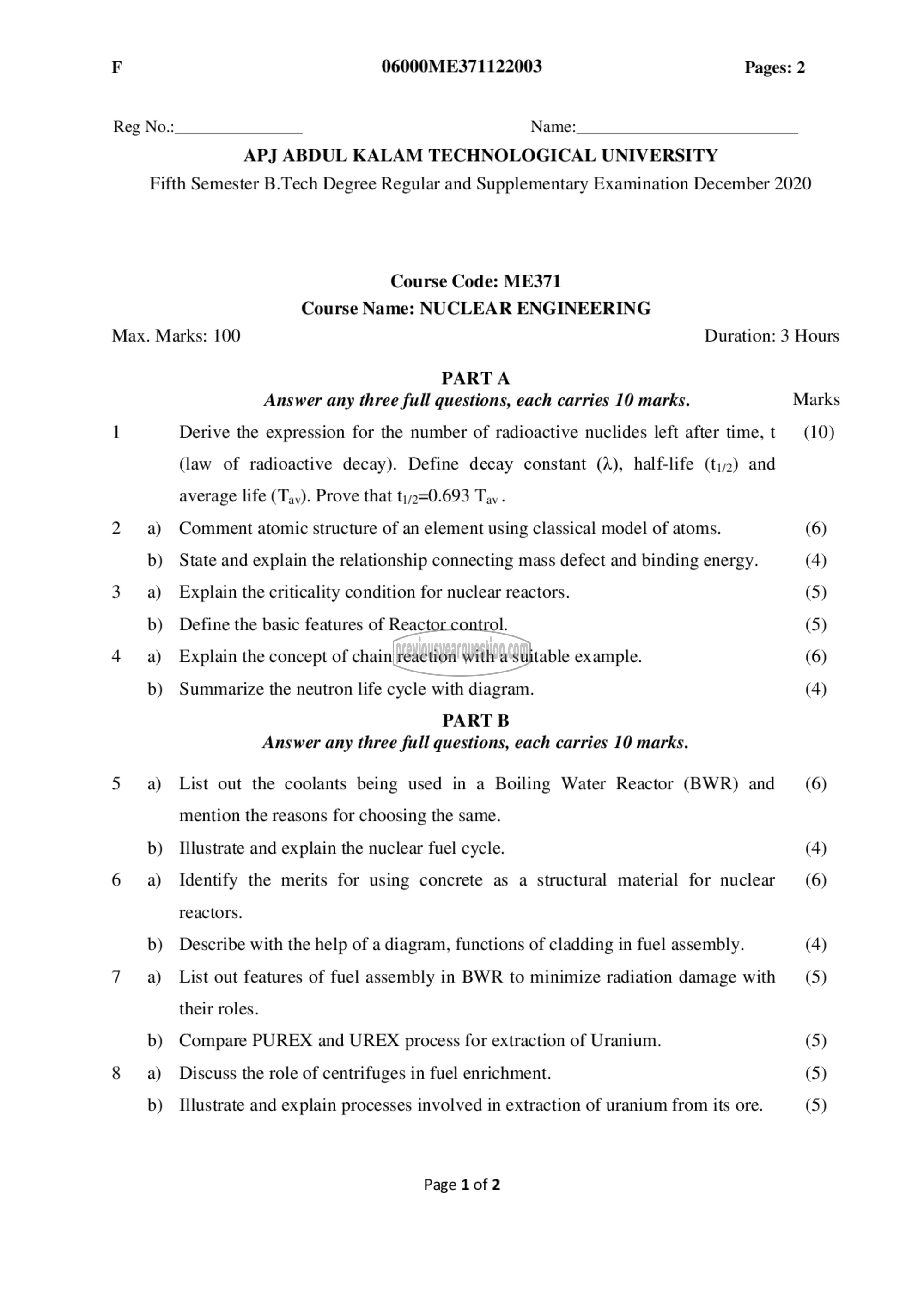 Question Paper - Nuclear Engineering-1