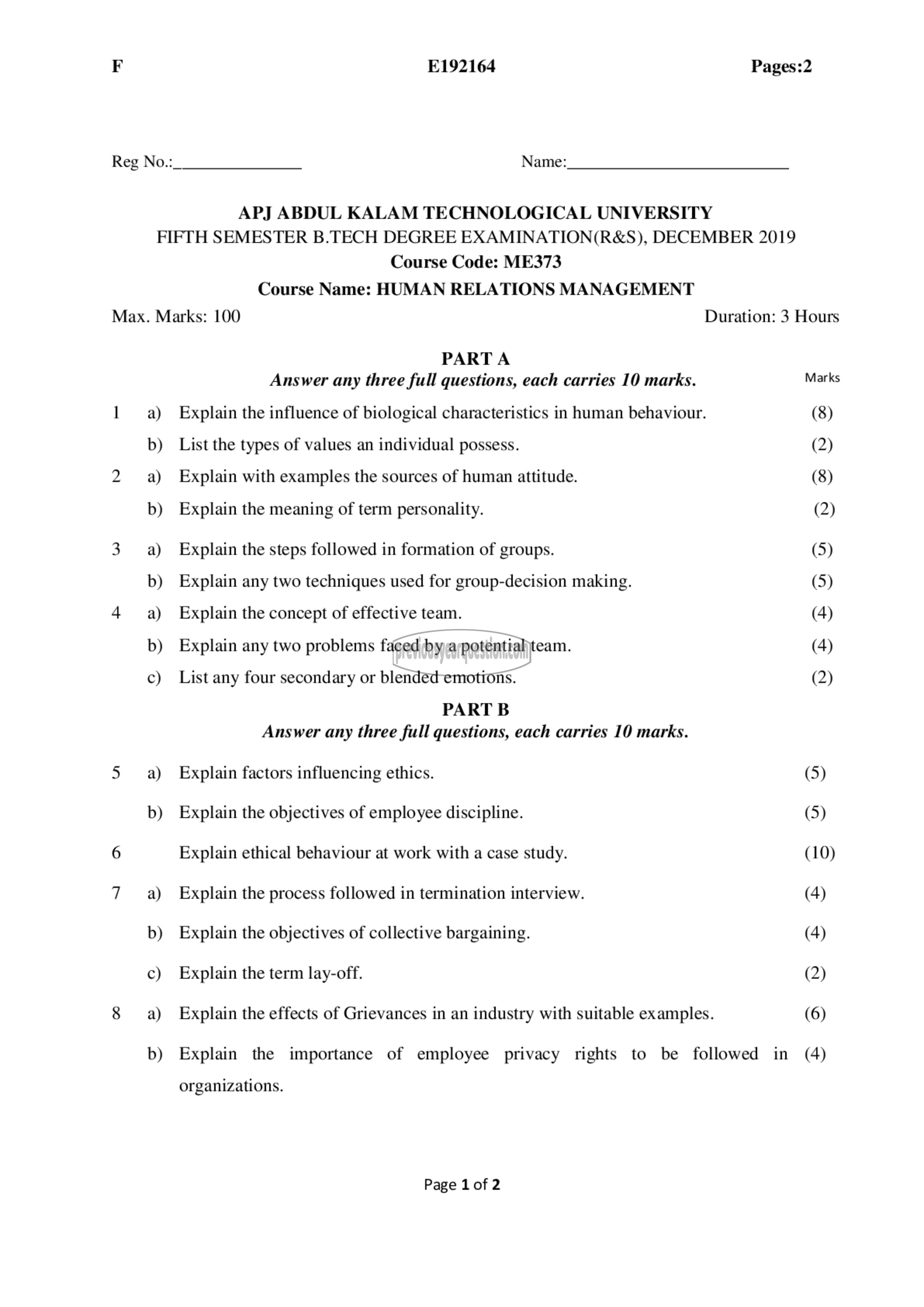 Question Paper - Human Relations Management-1