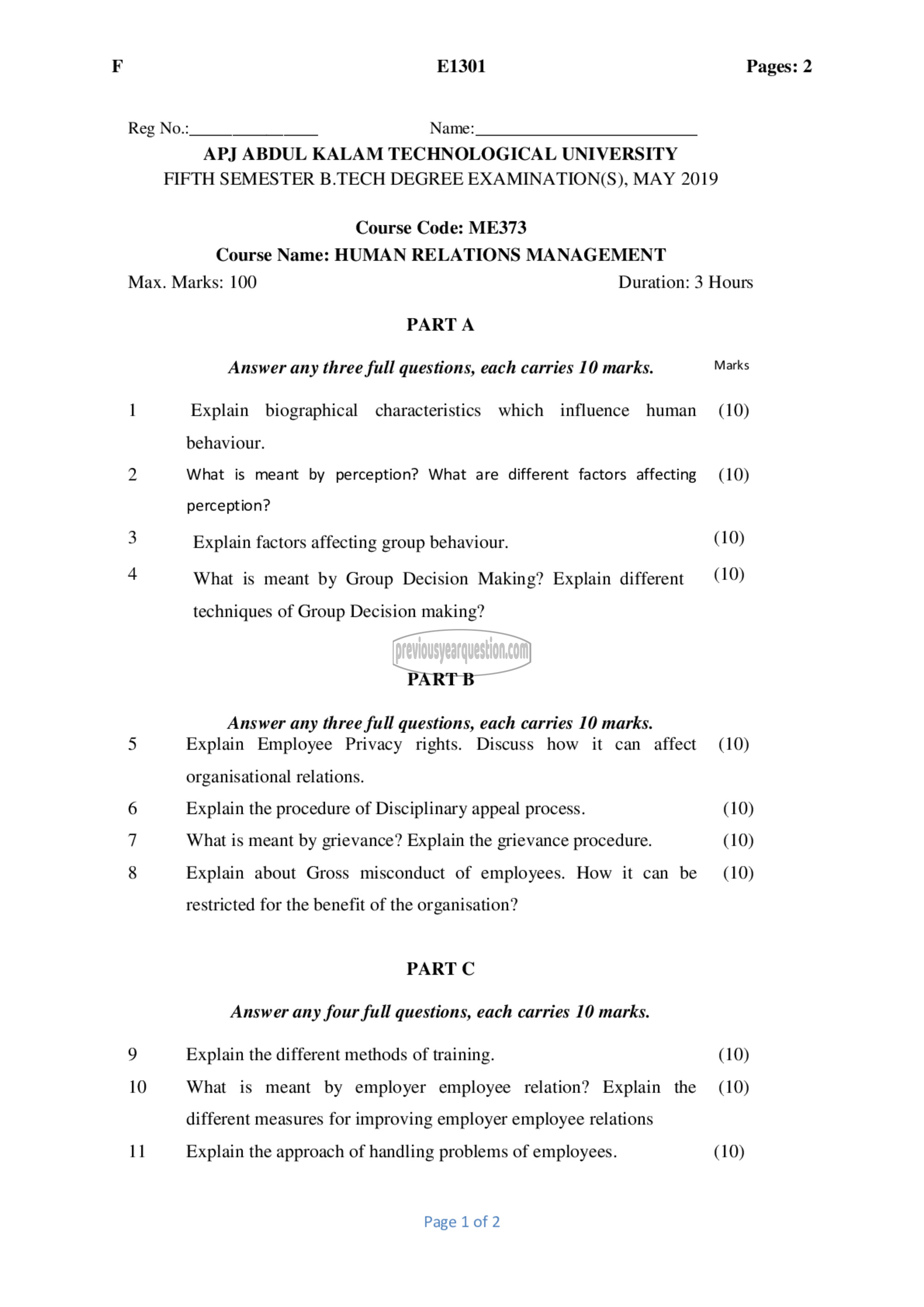 Question Paper - Human Relations Management-1