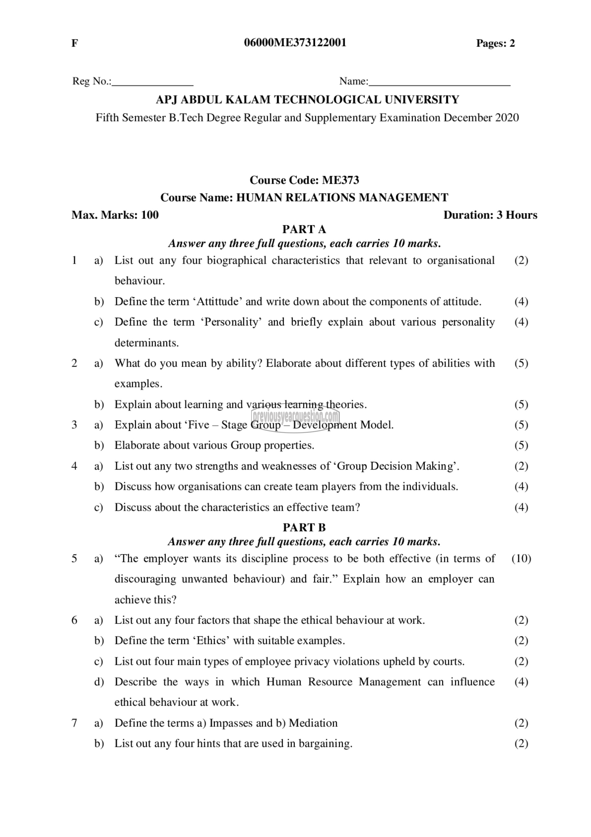 Question Paper - Human Relations Management-1