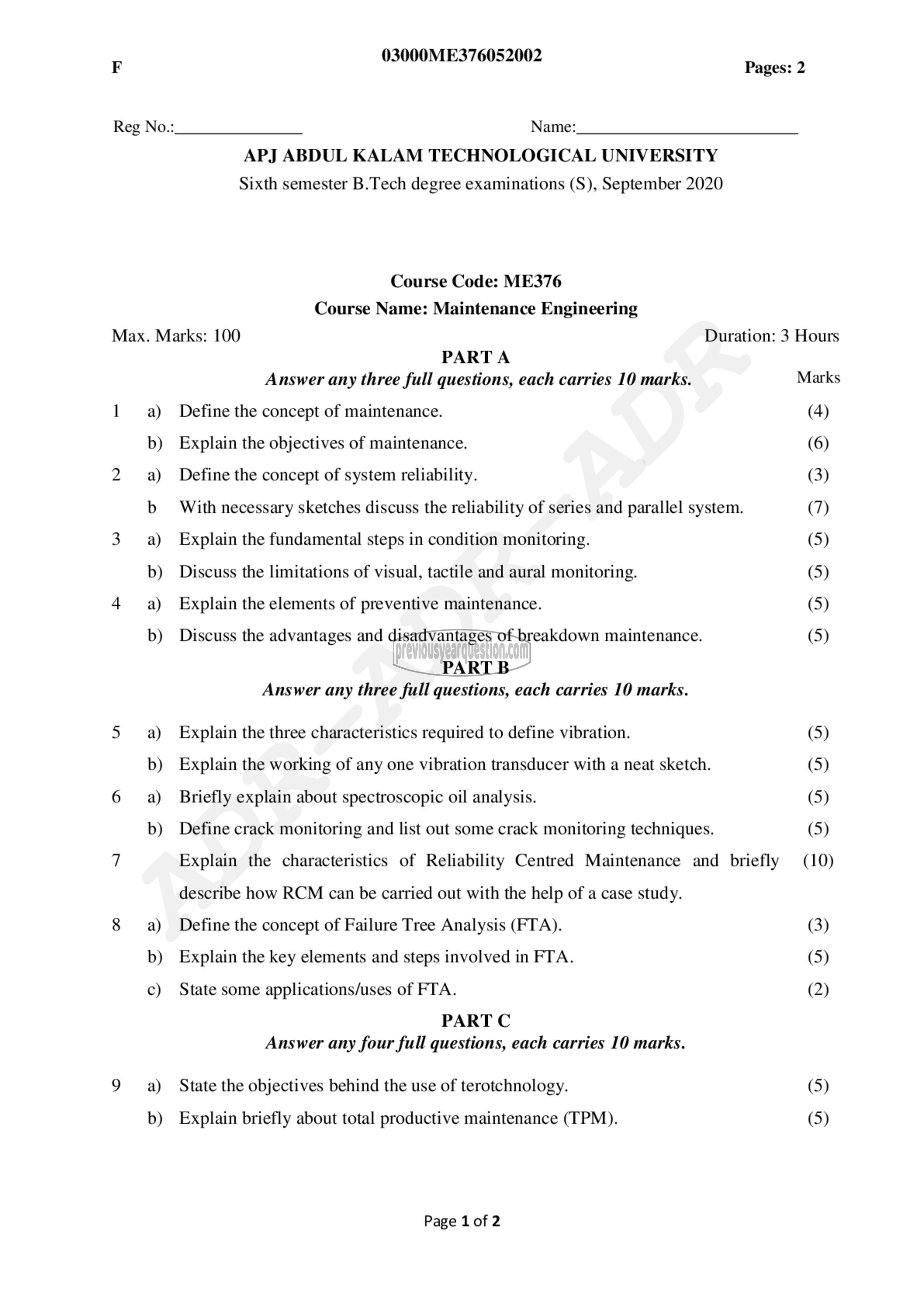 Question Paper - Maintenance Engineering-1