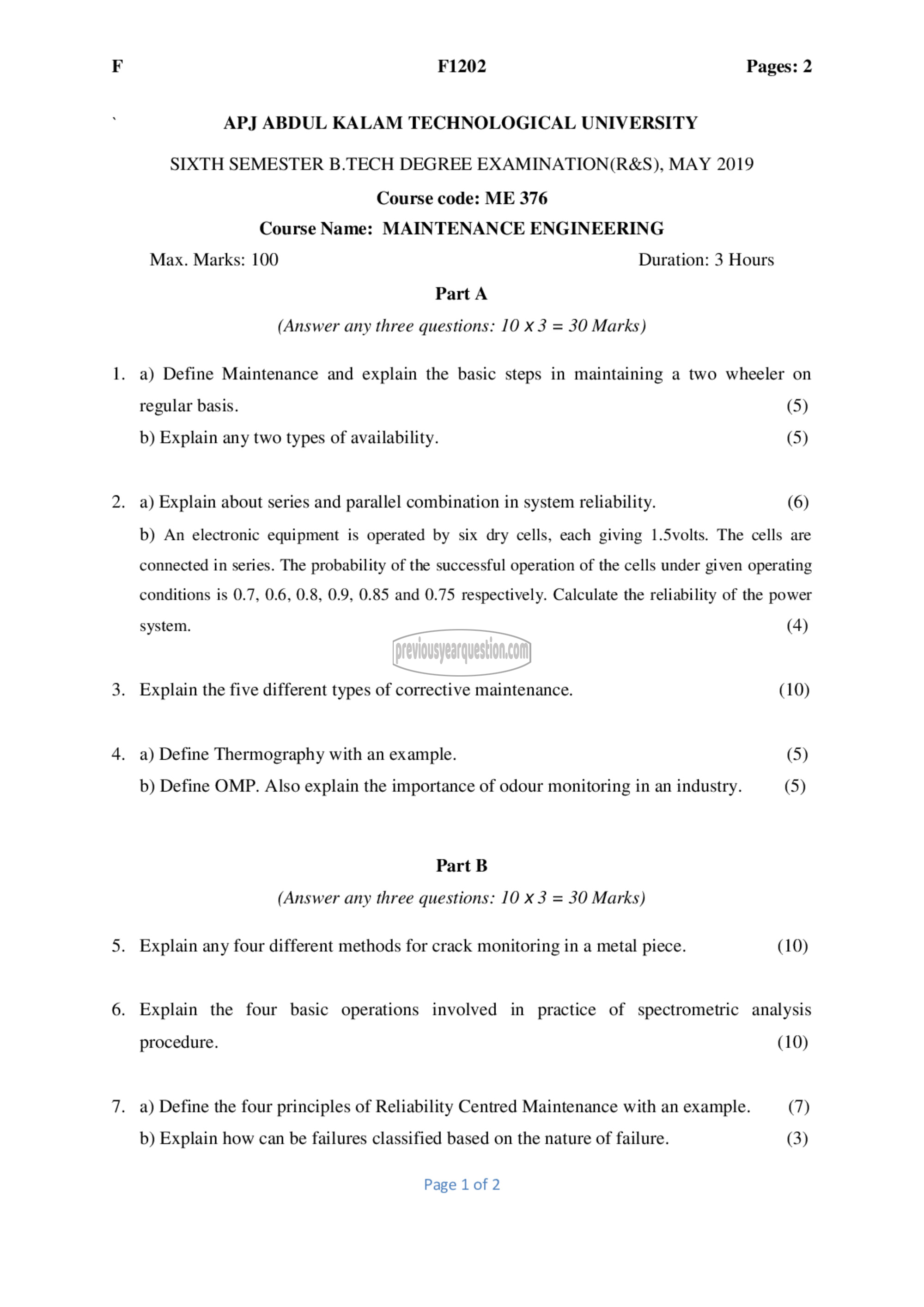 Question Paper - Maintenance Engineering-1