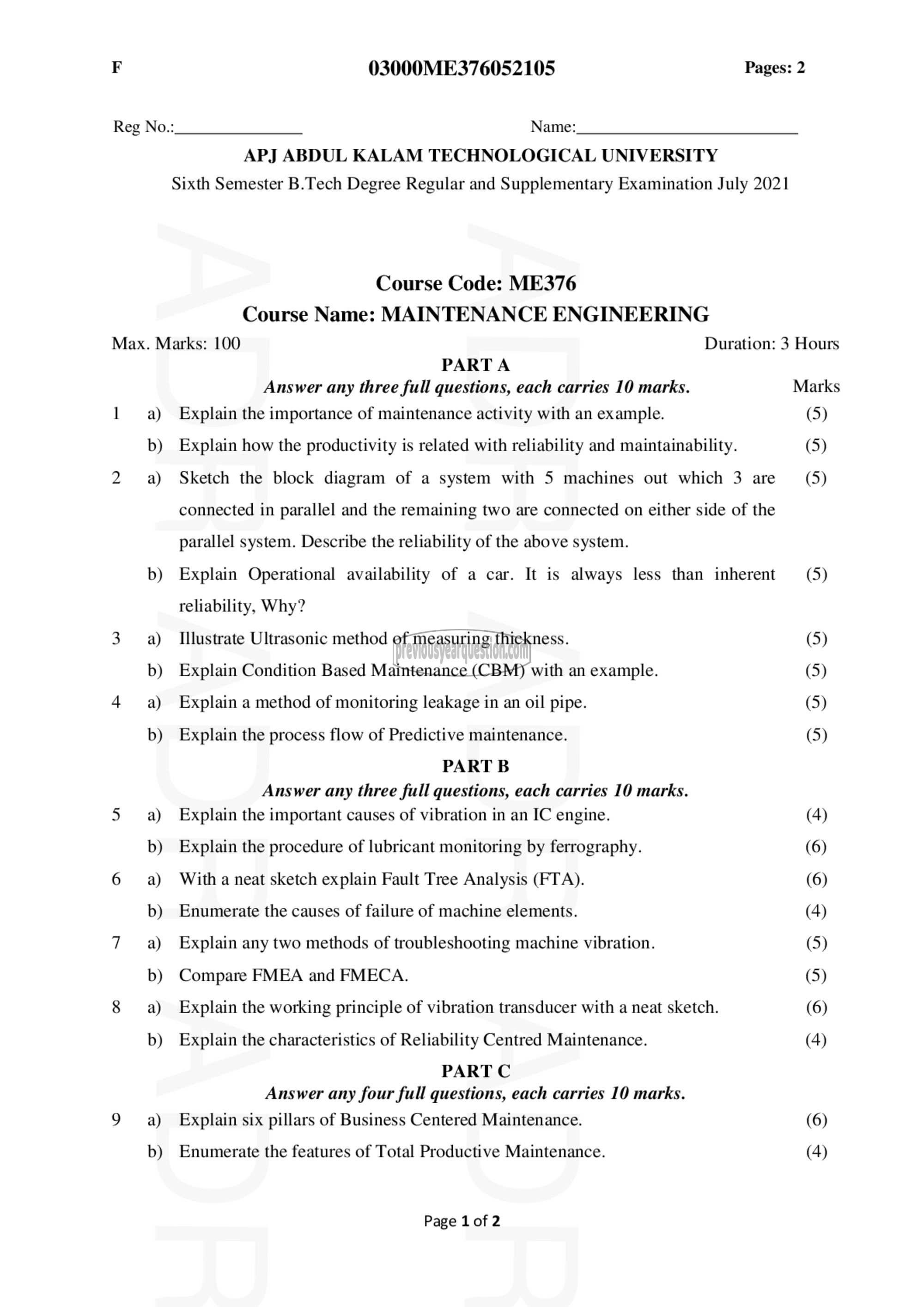 Question Paper - Maintenance Engineering-1