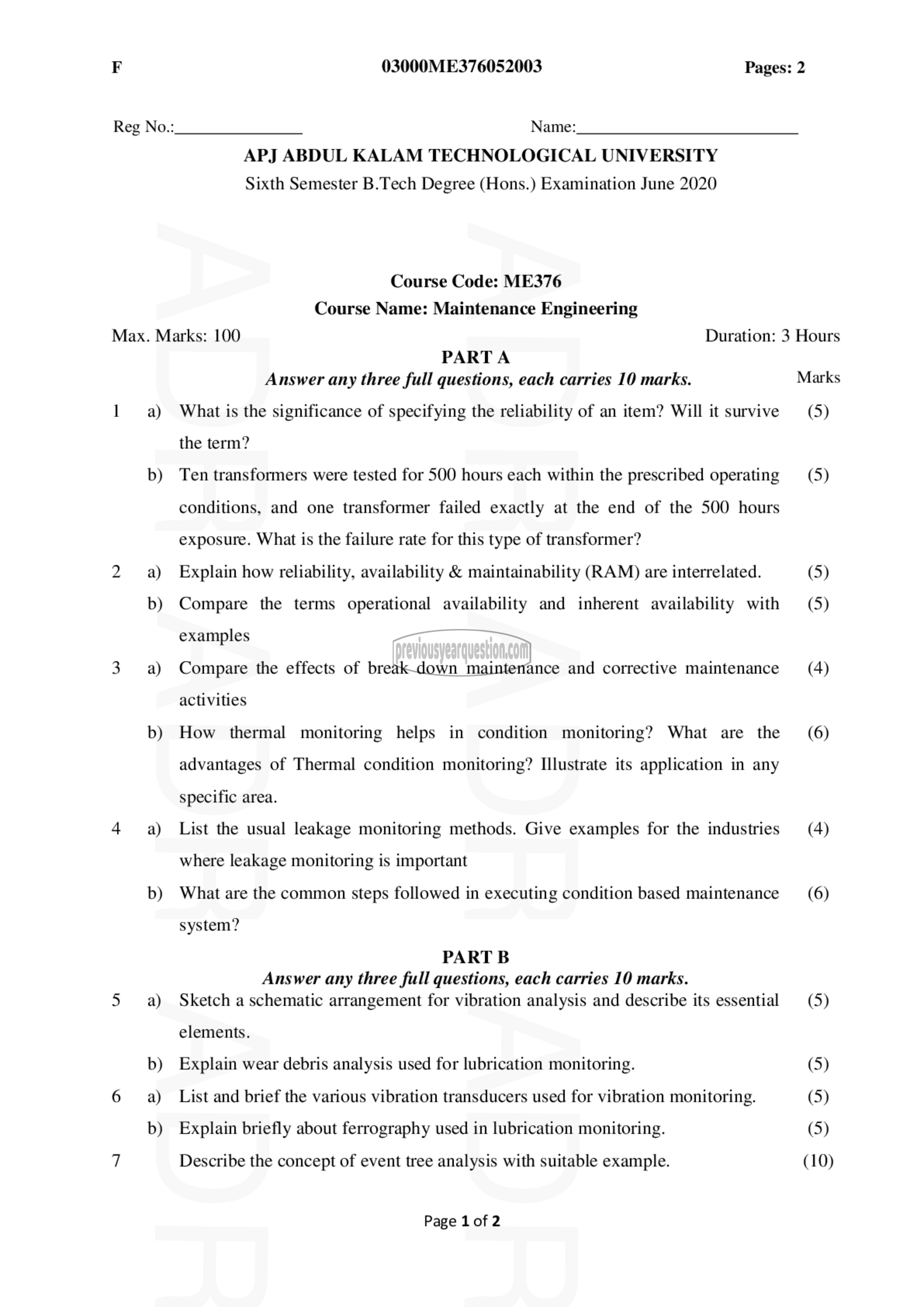 Question Paper - Maintenance Engineering-1