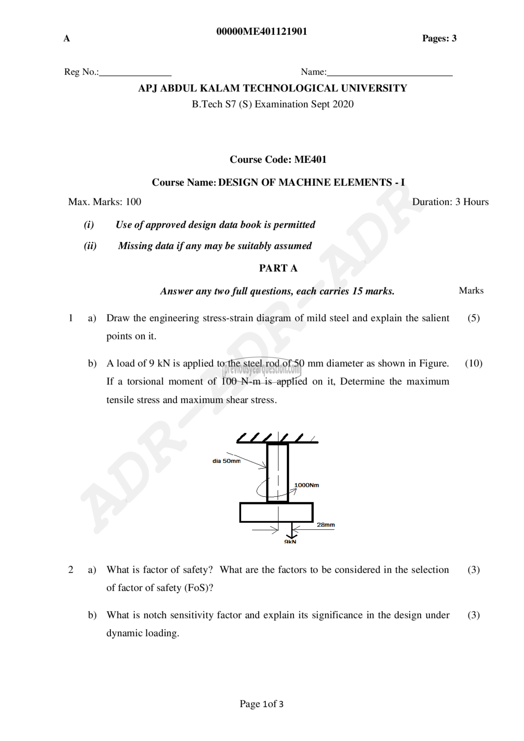 Question Paper - Design of Machine Elements I-1