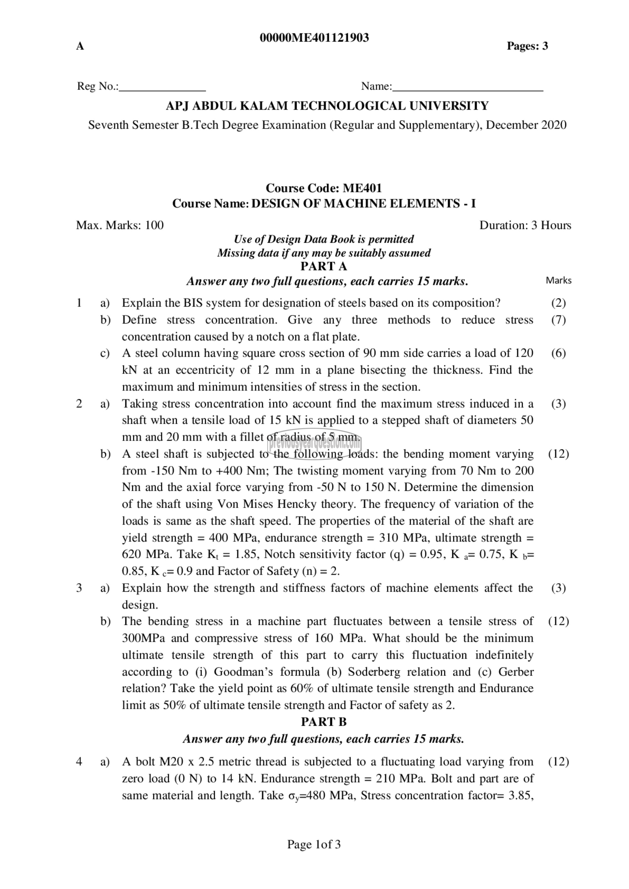 Question Paper - Design of Machine Elements I-1