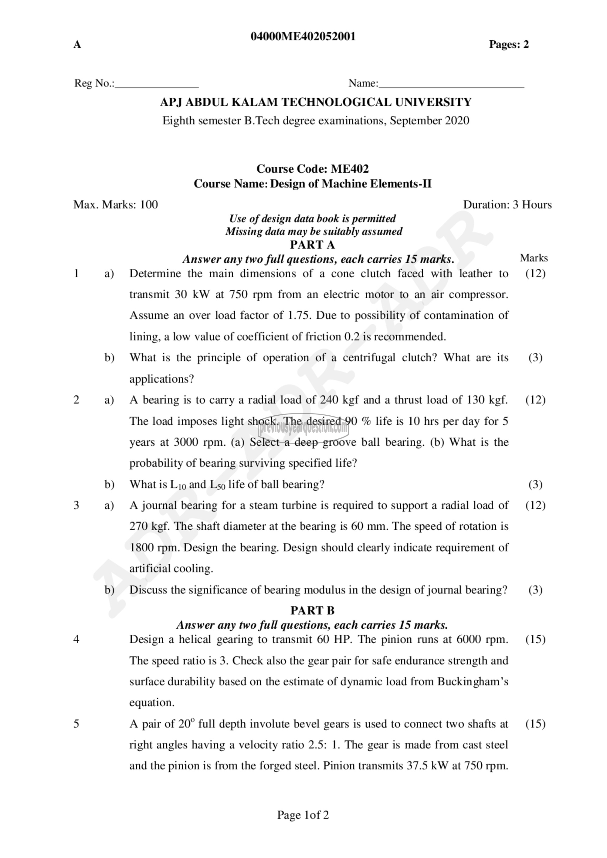 Question Paper - Design of Machine Elements II-1