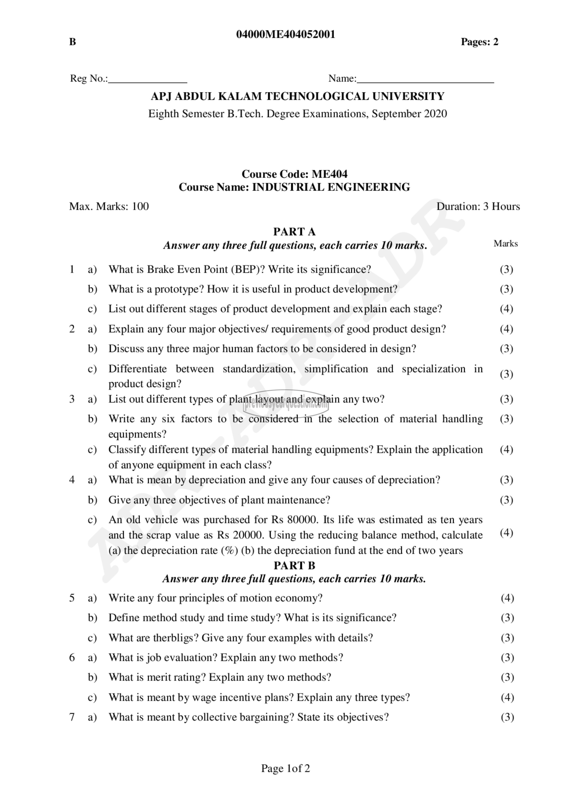 Question Paper - Industrial Engineering-1