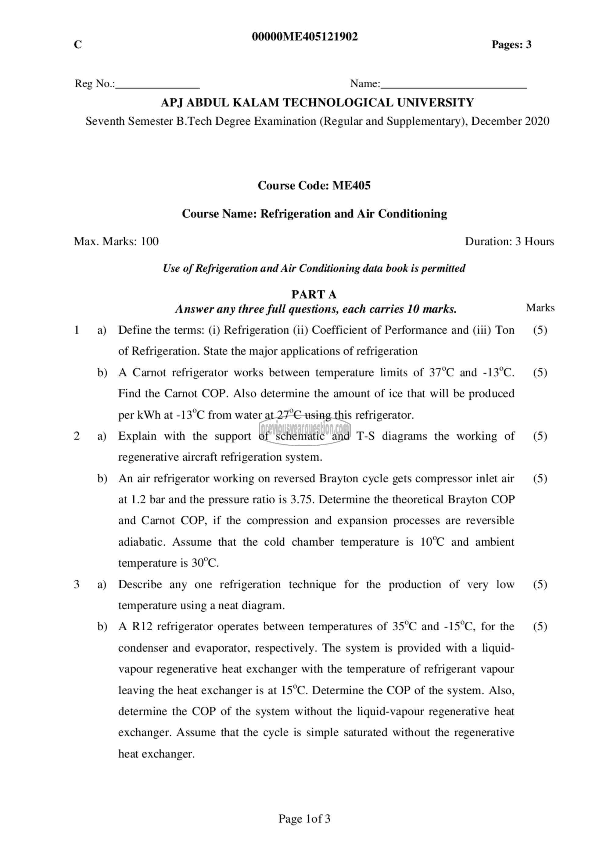 Question Paper - Refrigeration and Air Conditioning-1