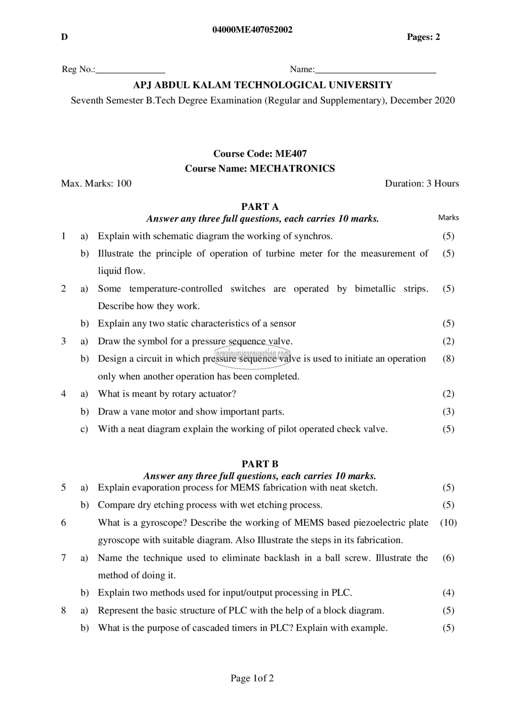 Question Paper - Mechatronics-1