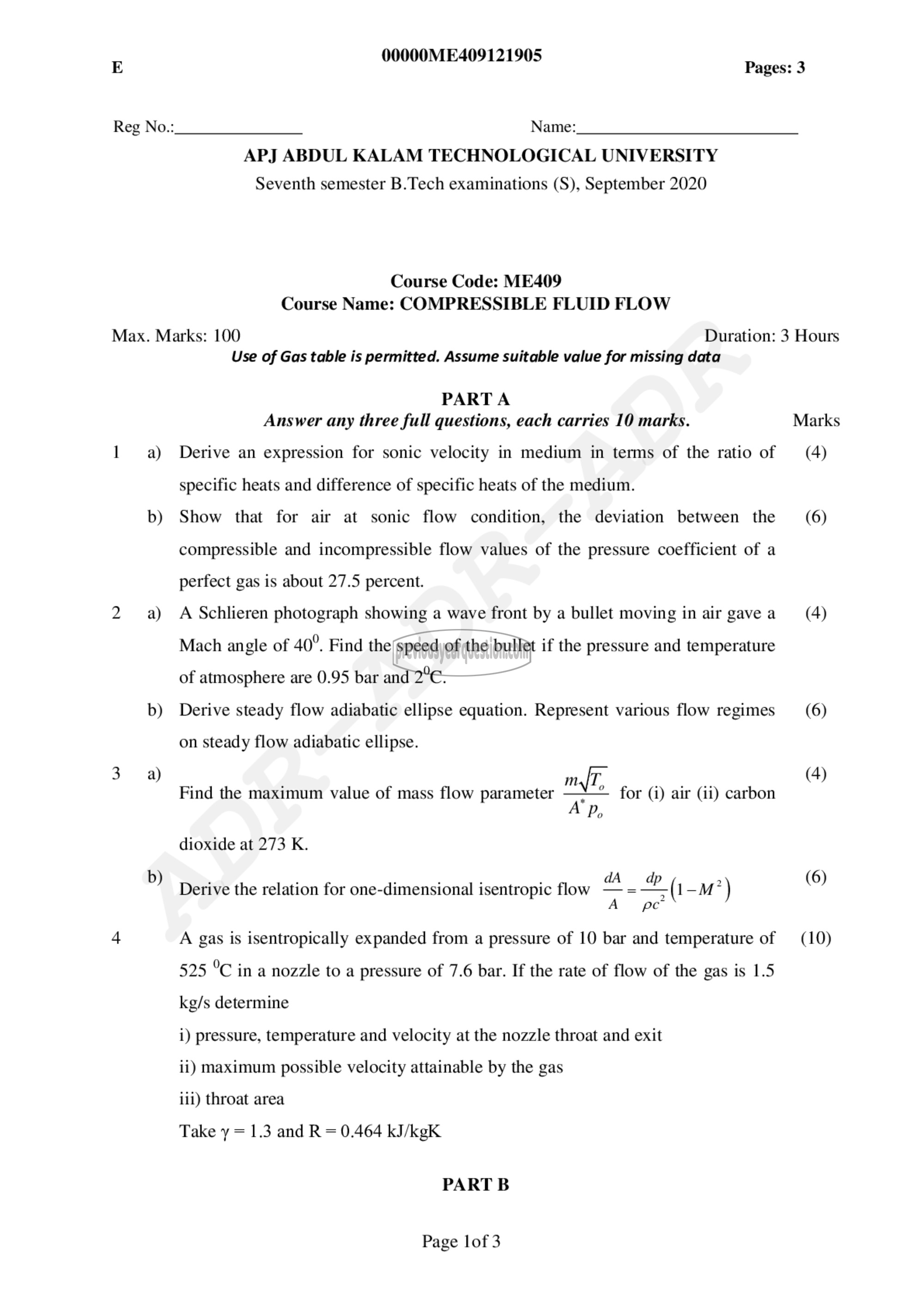 Question Paper - Compressible Fluid Flow-1