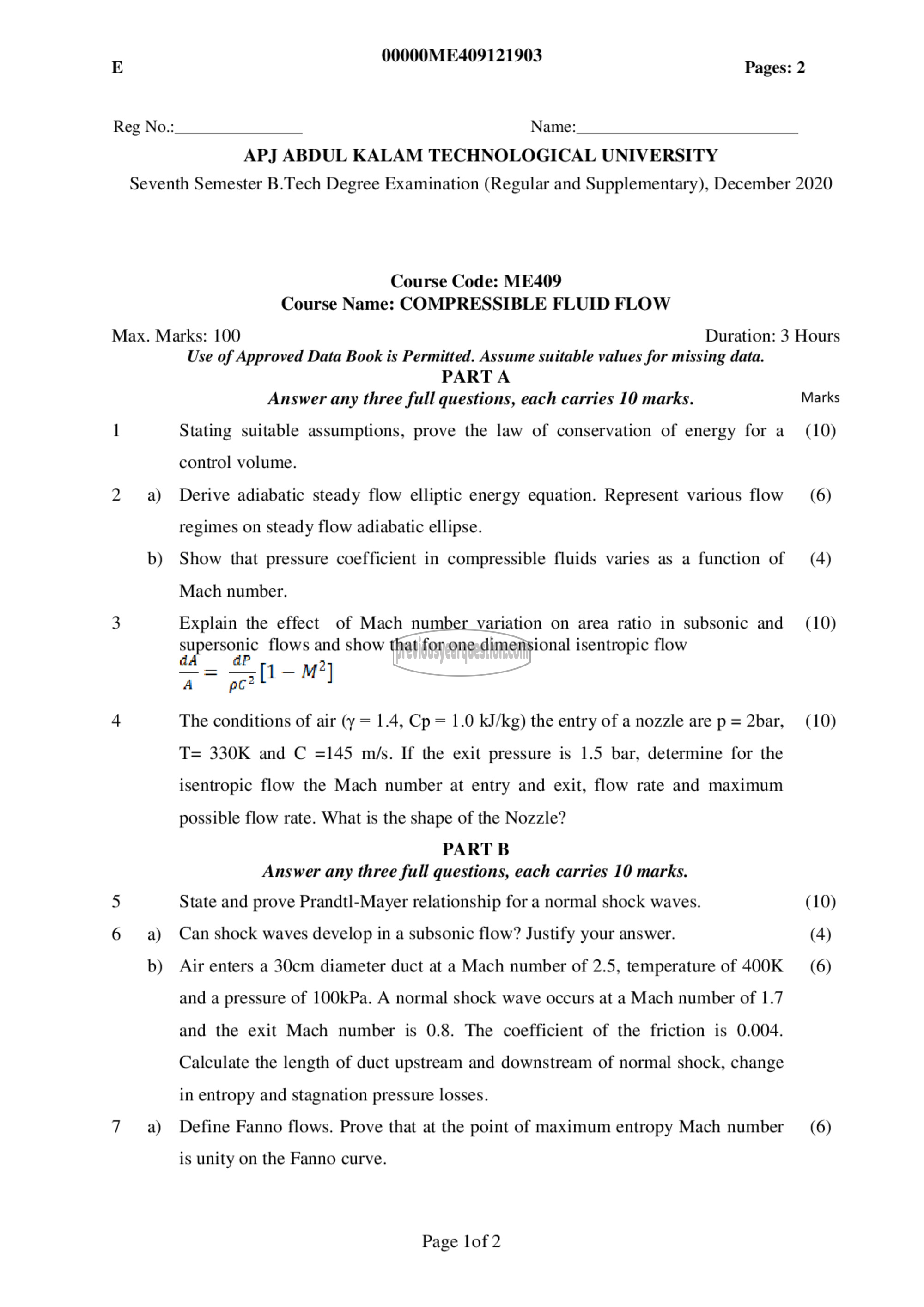 Question Paper - Compressible Fluid Flow-1