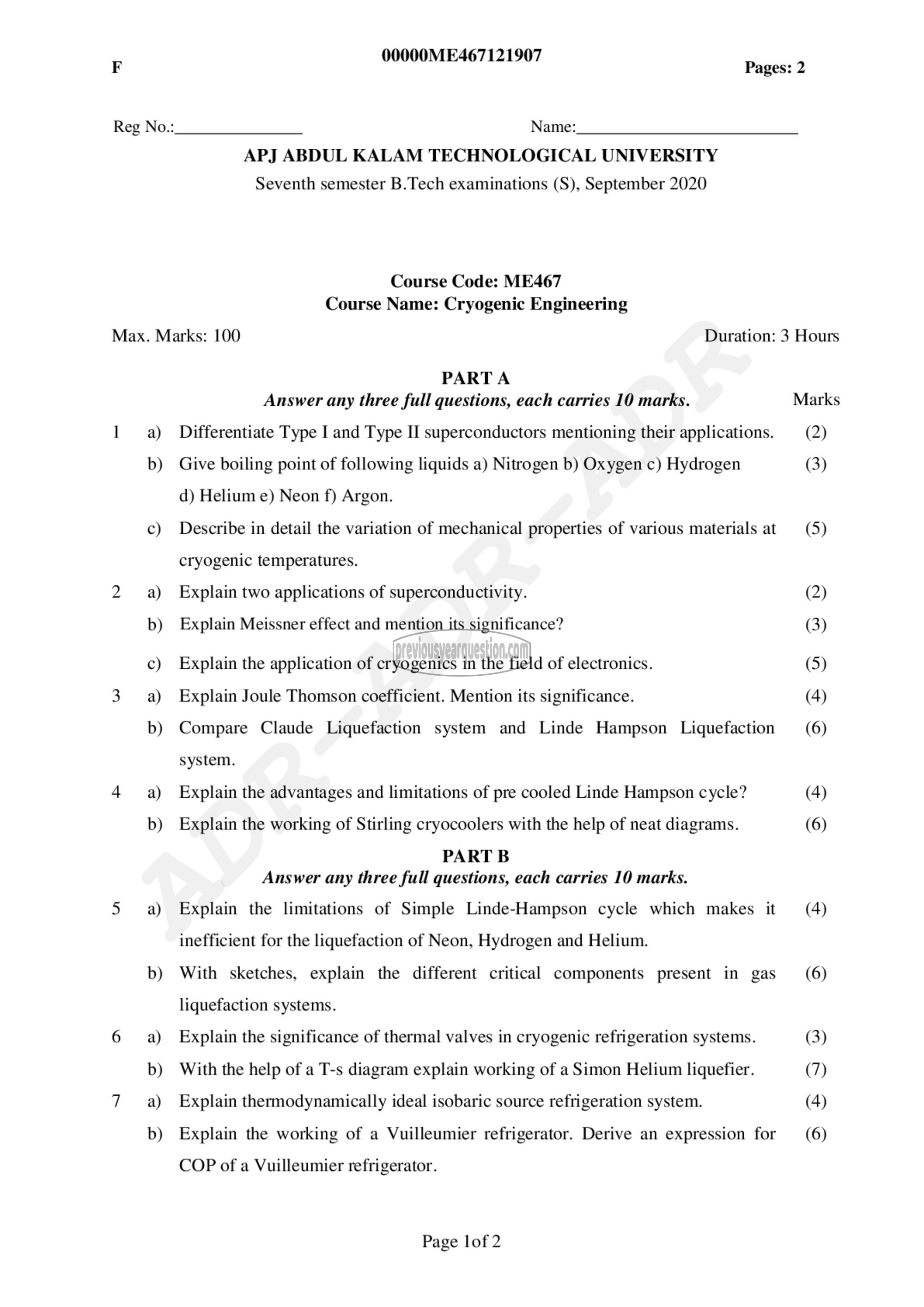 Question Paper - Cryogenic Engineering-1