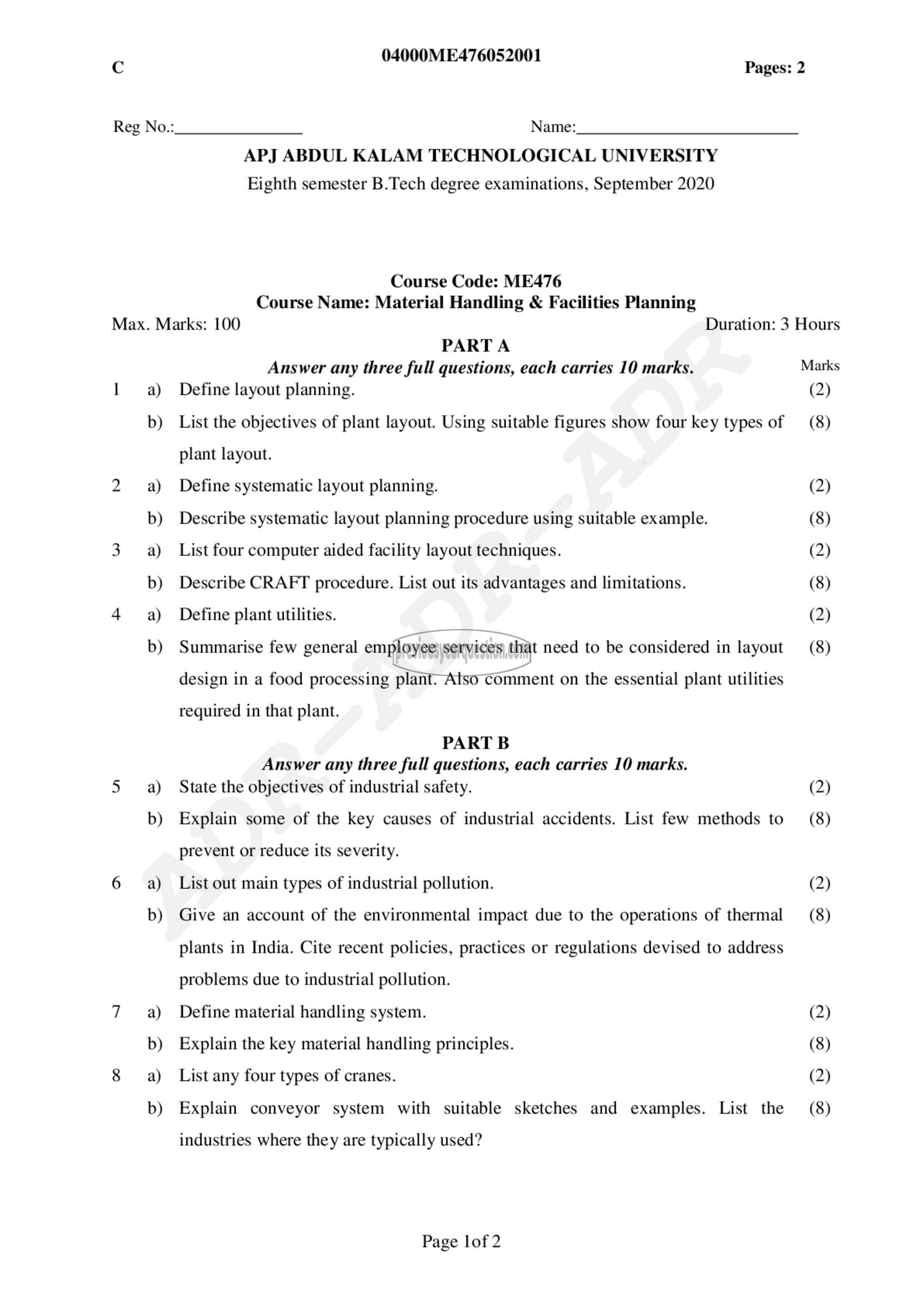 Question Paper - Material Handling & Facilities Planning-1