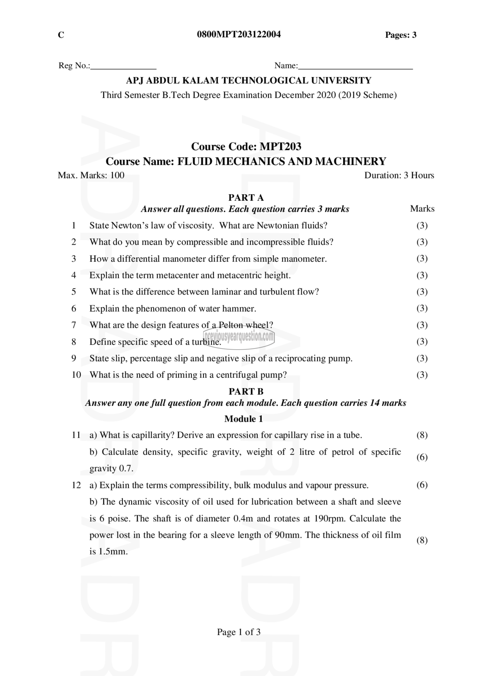 Question Paper - FLUID MECHANICS AND MACHINERY-1