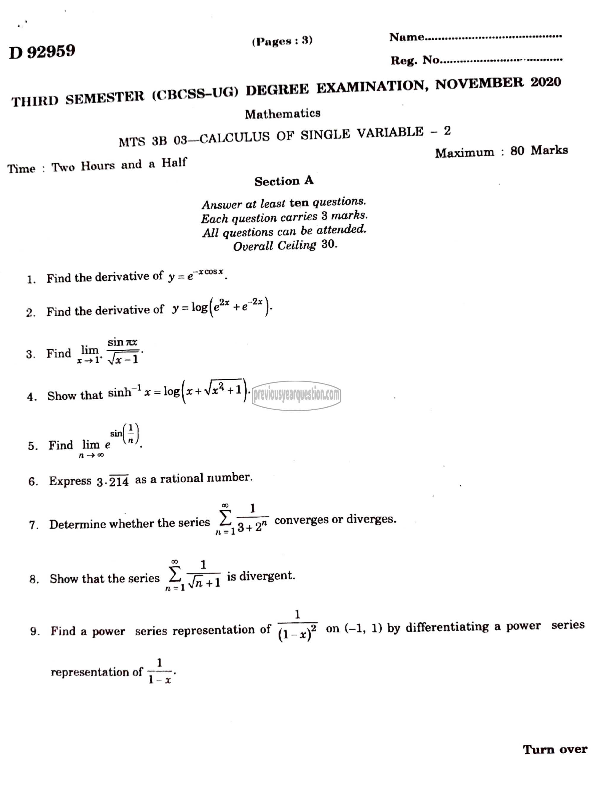 Question Paper - Calculus of Single Variable-2-1