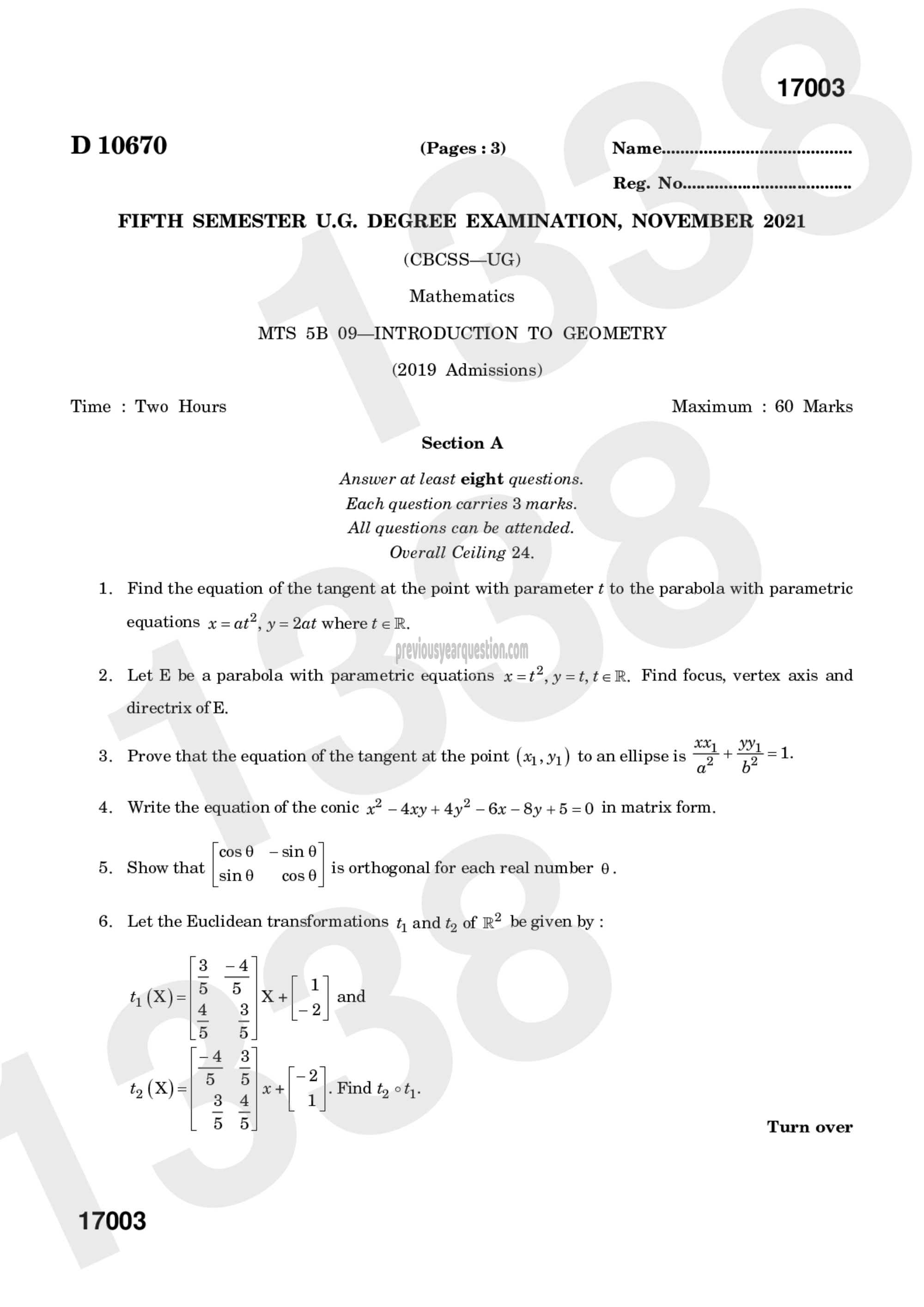 Question Paper - Introduction to Geometry and Theory of Equations-1