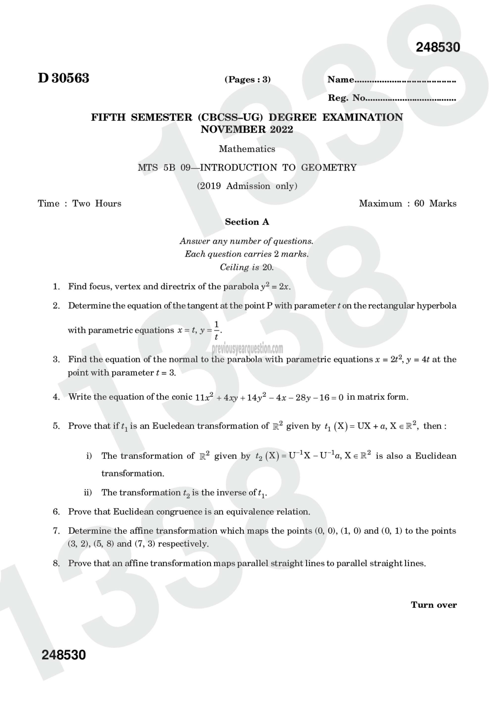 Question Paper - Introduction to Geometry and Theory of Equations-1