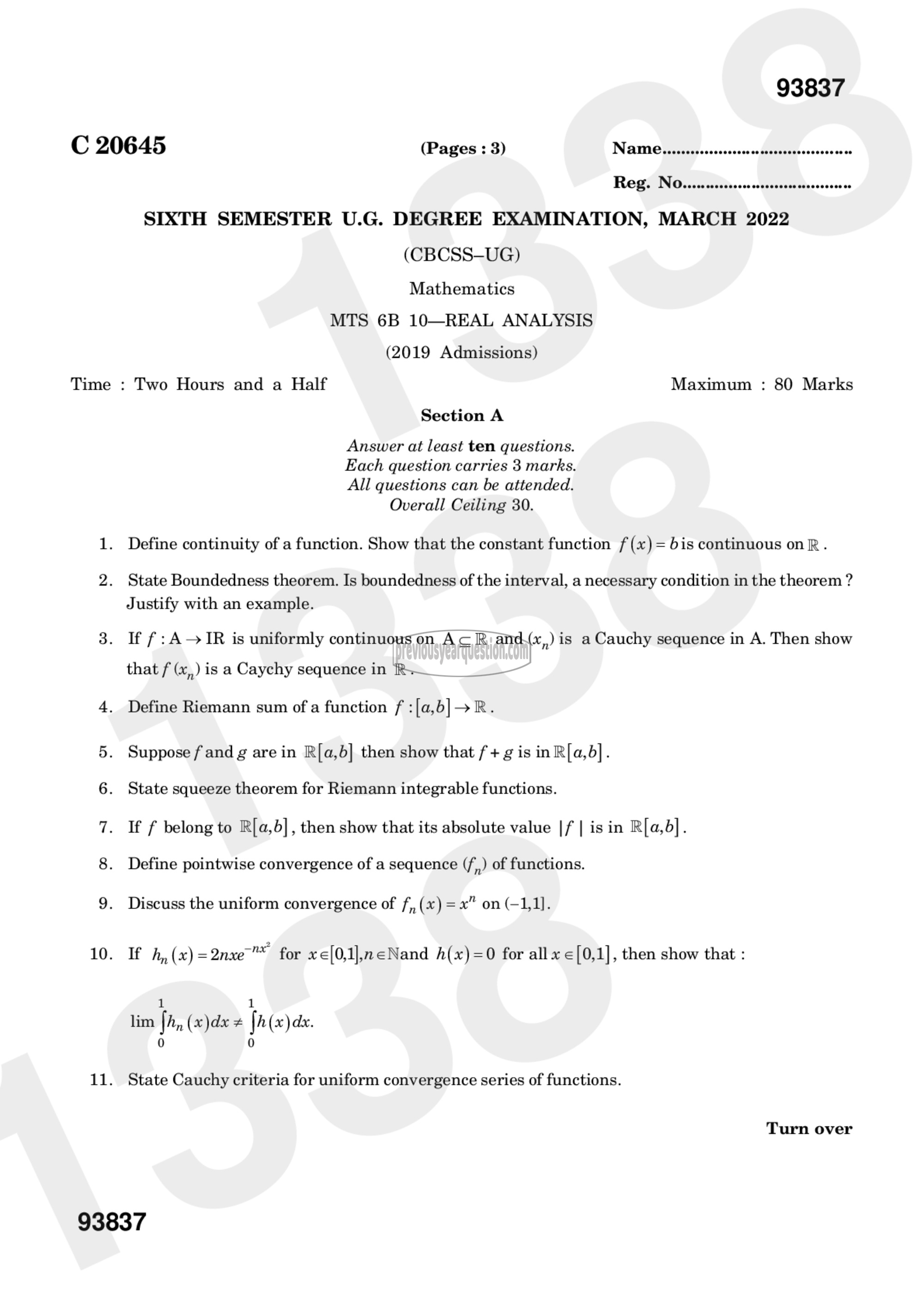 Question Paper - Real Analysis-1