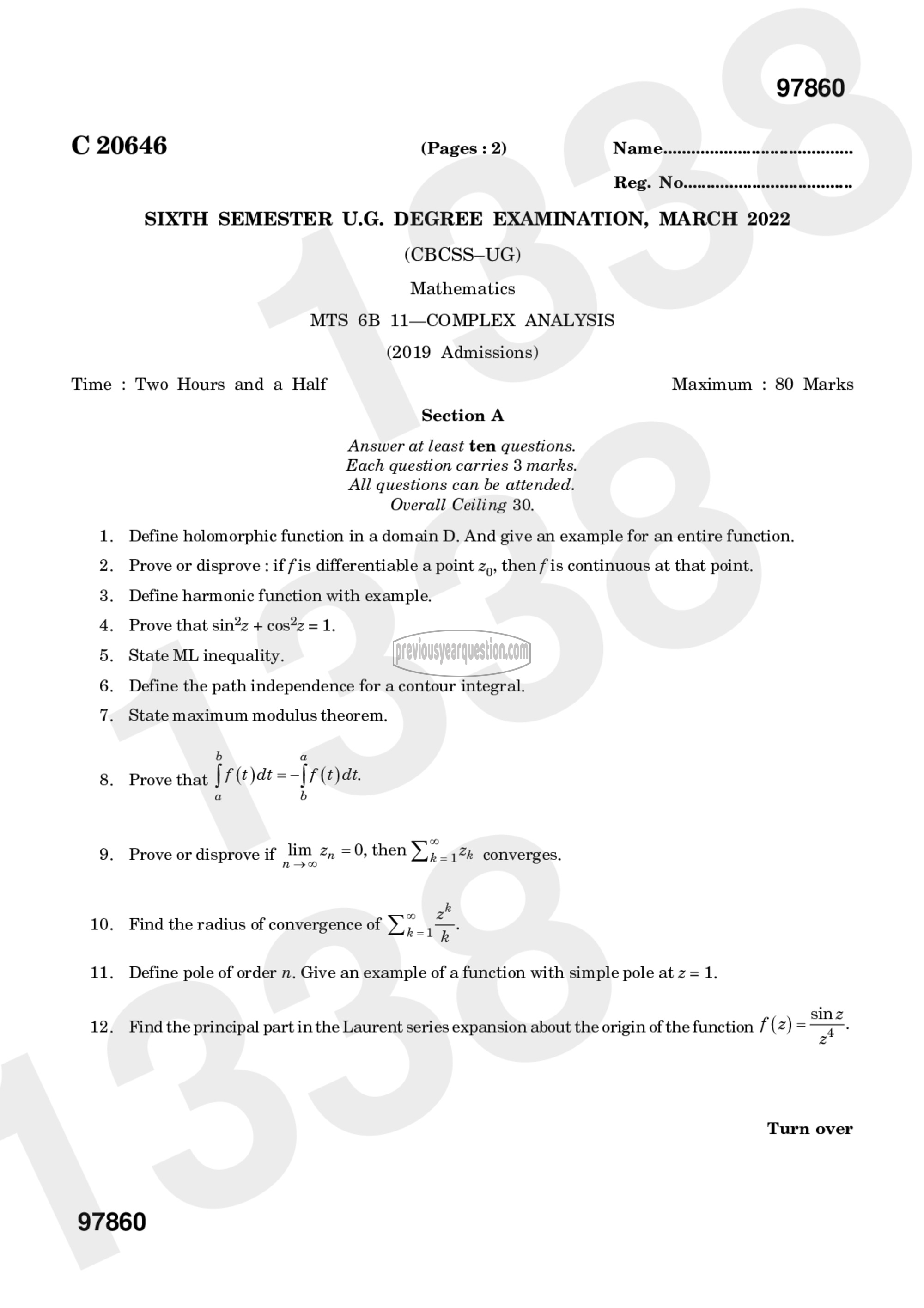 Question Paper - Complex Analysis-1