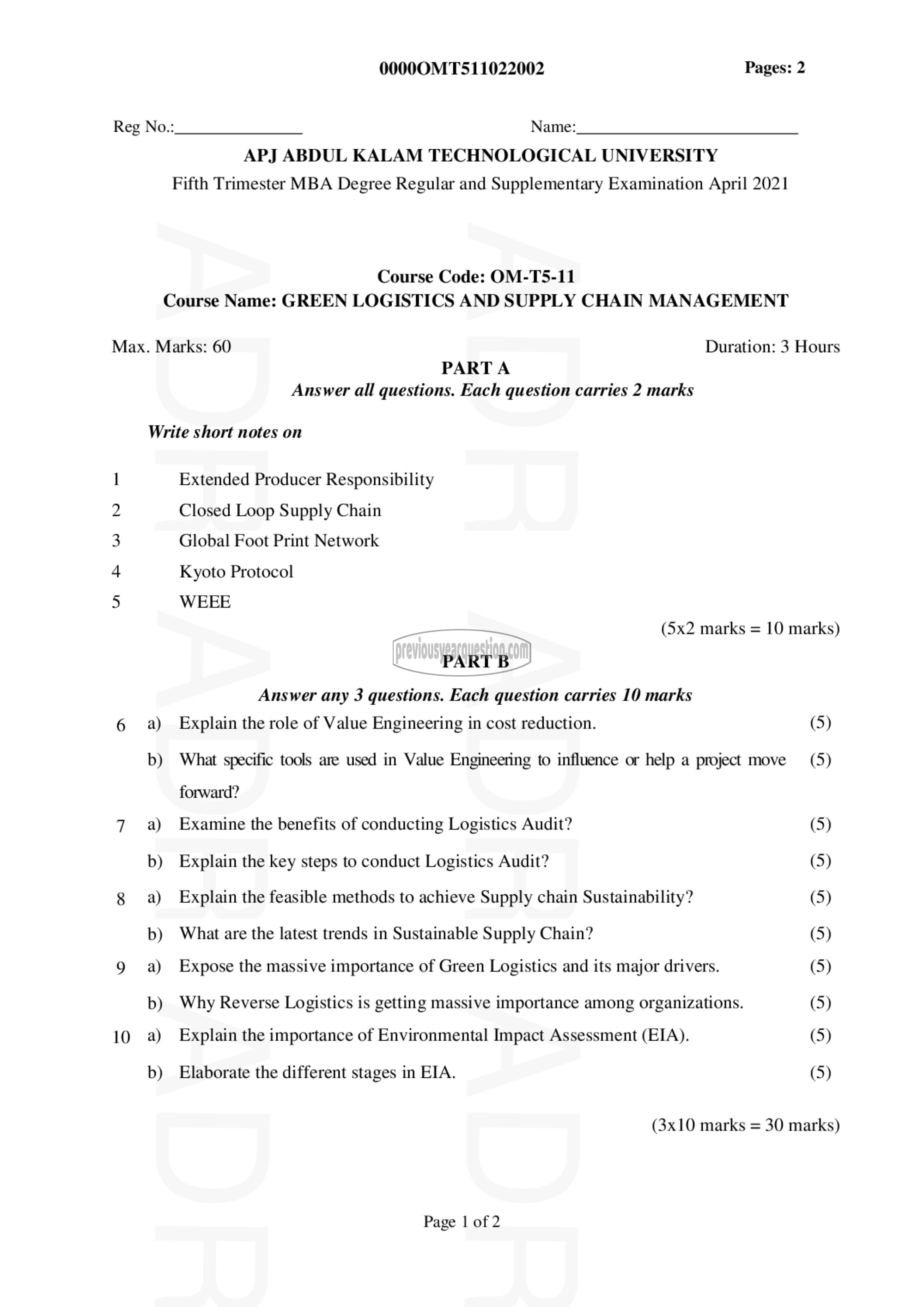 Question Paper - Green Logistics and Supply Chain Management-1