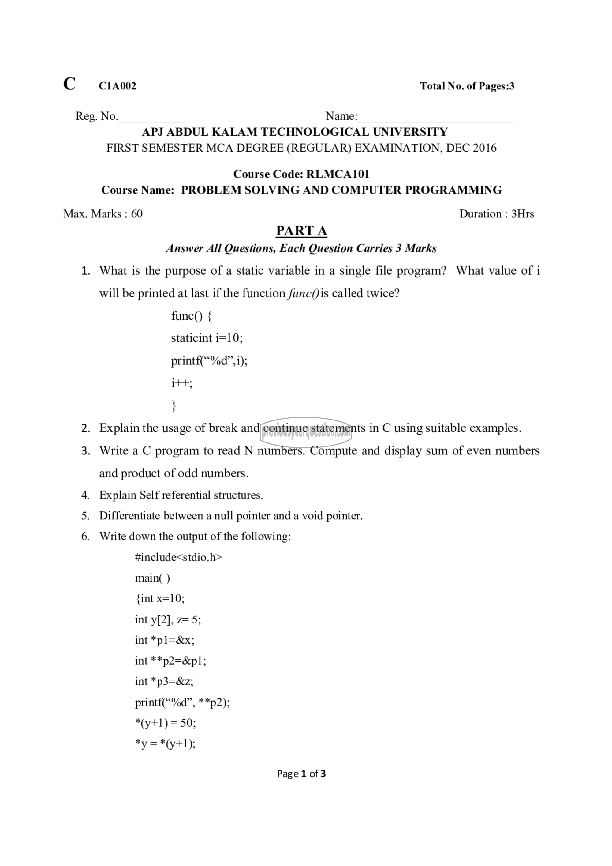 Question Paper - Problem Solving and Computer Programming-1