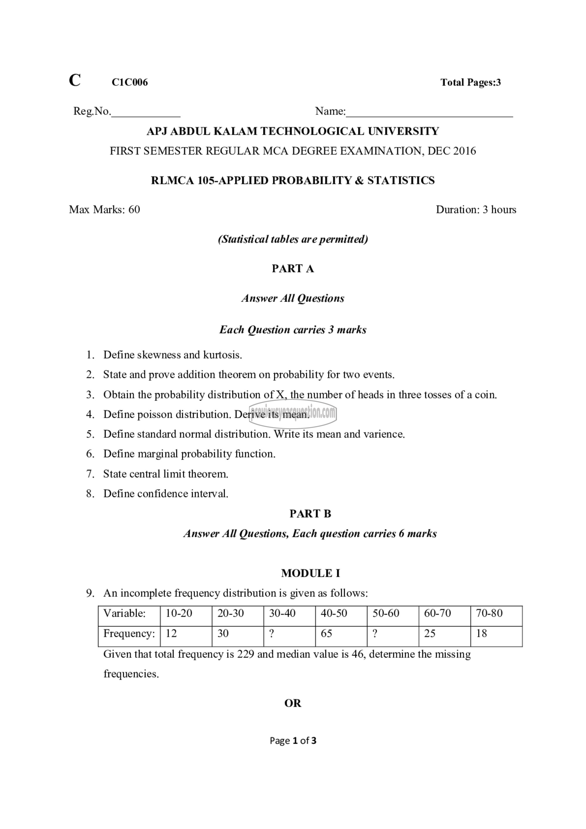 Question Paper - Applied Probability and Statistics-1