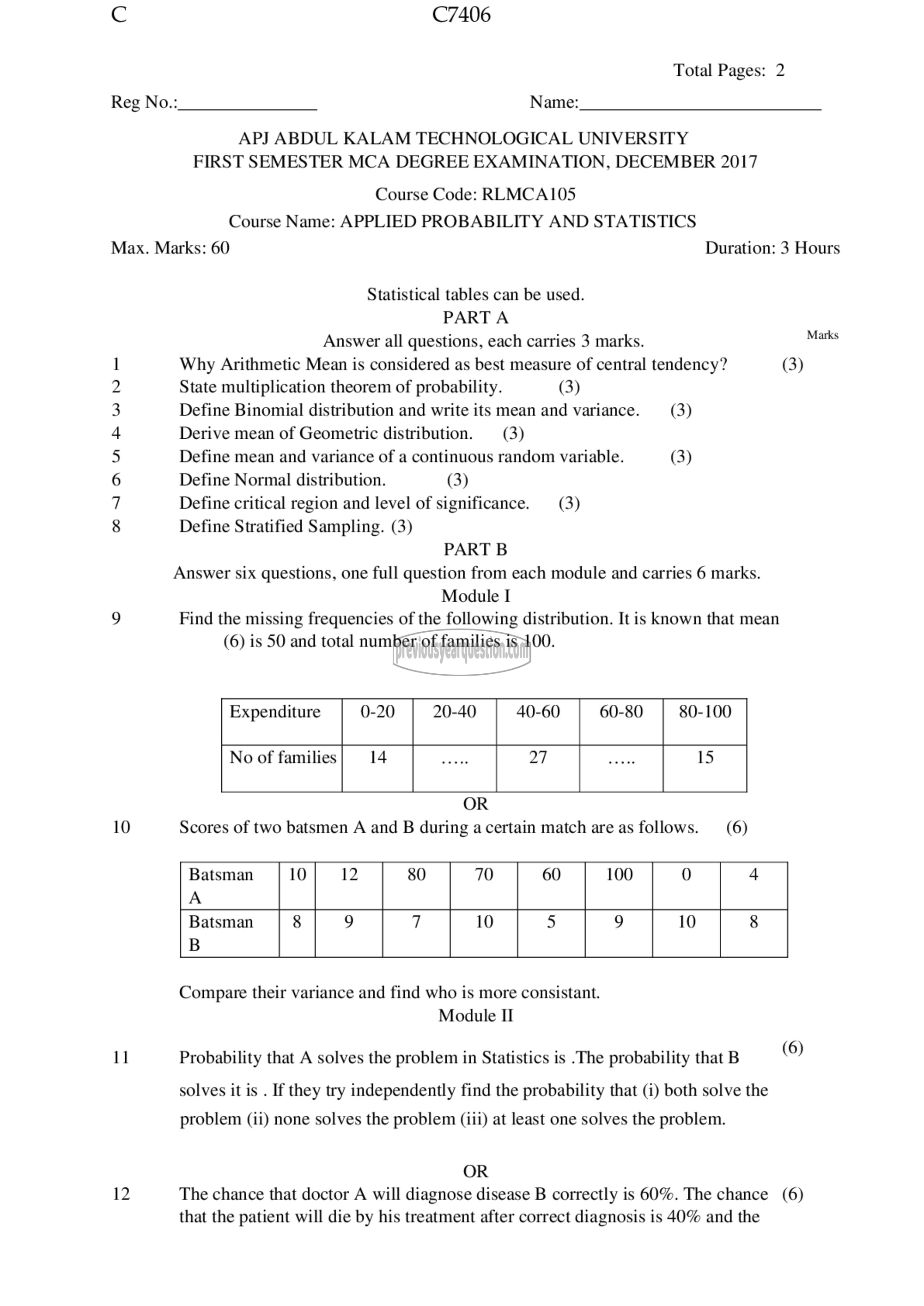 Question Paper - Applied Probability and Statistics-1