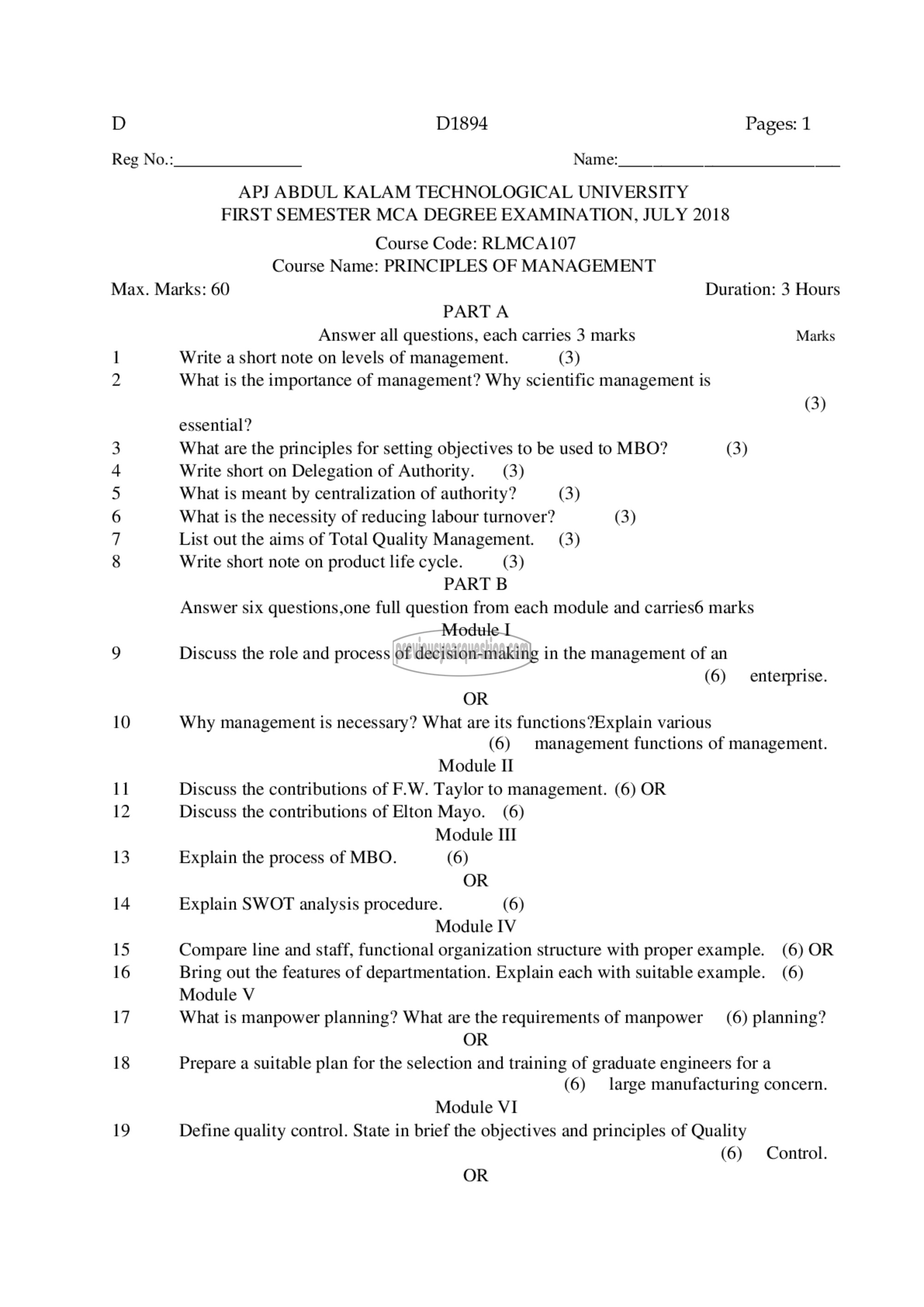 Question Paper - Principles of Management-1